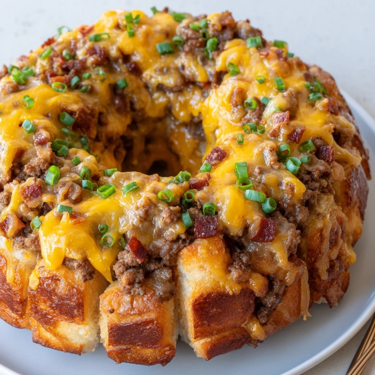 From skillet to oven Cheesy Beef Bacon Ranch Monkey Bread served warm for game-day.