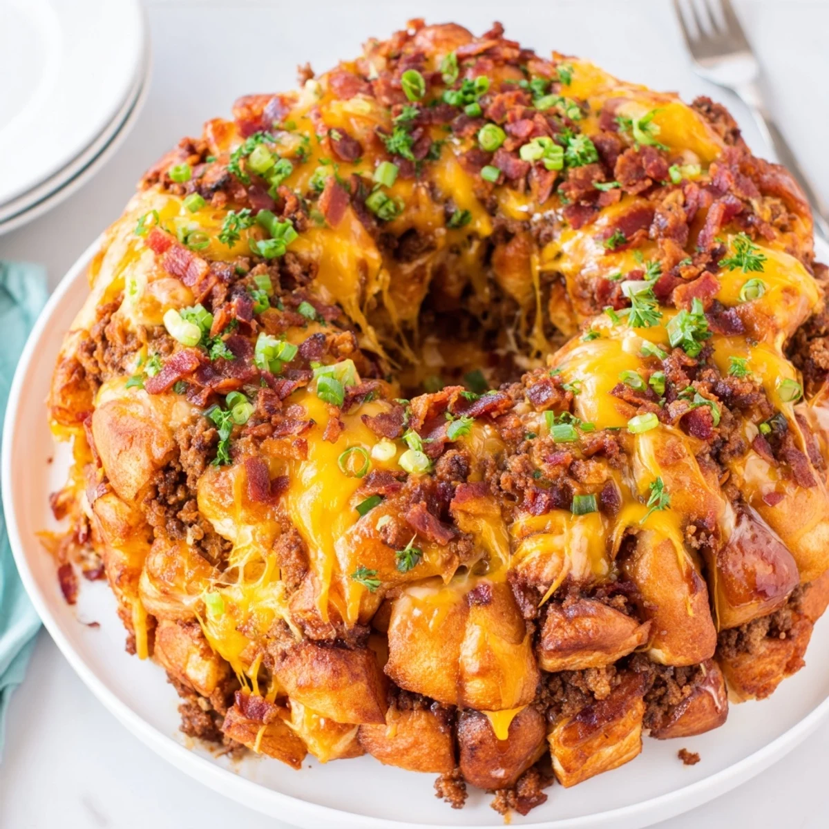 Pull-apart Cheesy Beef Bacon Ranch Monkey Bread with crispy bacon crumbs and ranch dip.