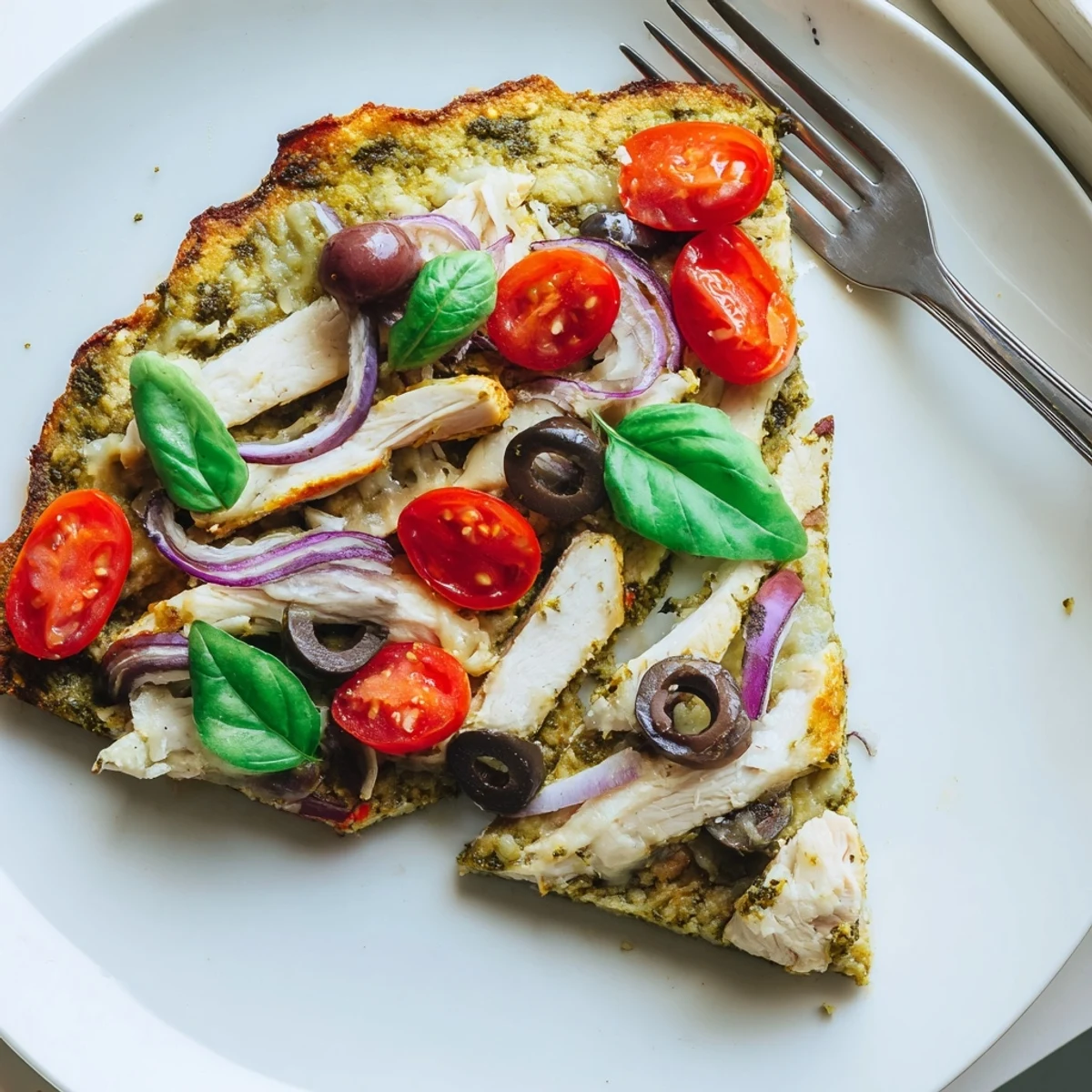 Sliced Chicken Pesto Paleo Pizza topped with juicy chicken, cherry tomatoes, and basil