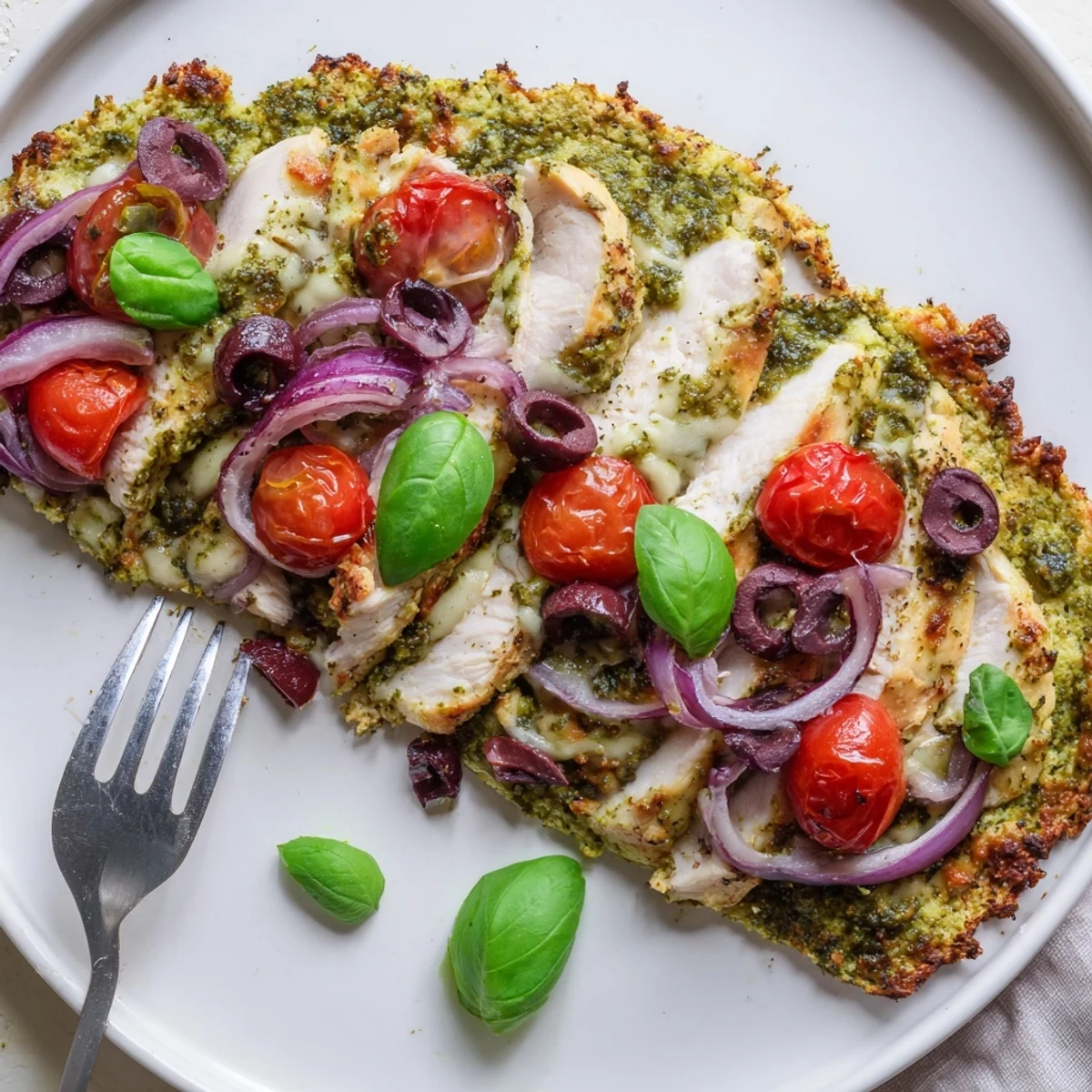 Oven fresh Chicken Pesto Paleo Pizza with crispy golden crust and basil aroma