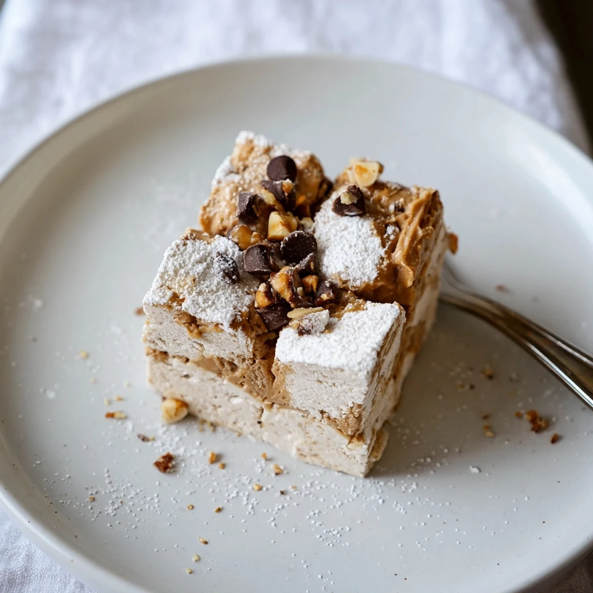 Gluten Free Peanut Butter Marshmallow squares chilled on parchment, glossy chocolate topping