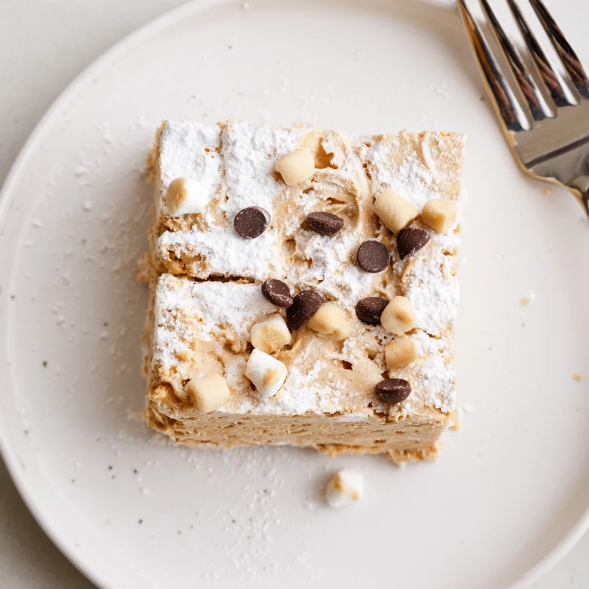 Serve chilled Gluten Free Peanut Butter Marshmallow squares with flaky sea salt sprinkle