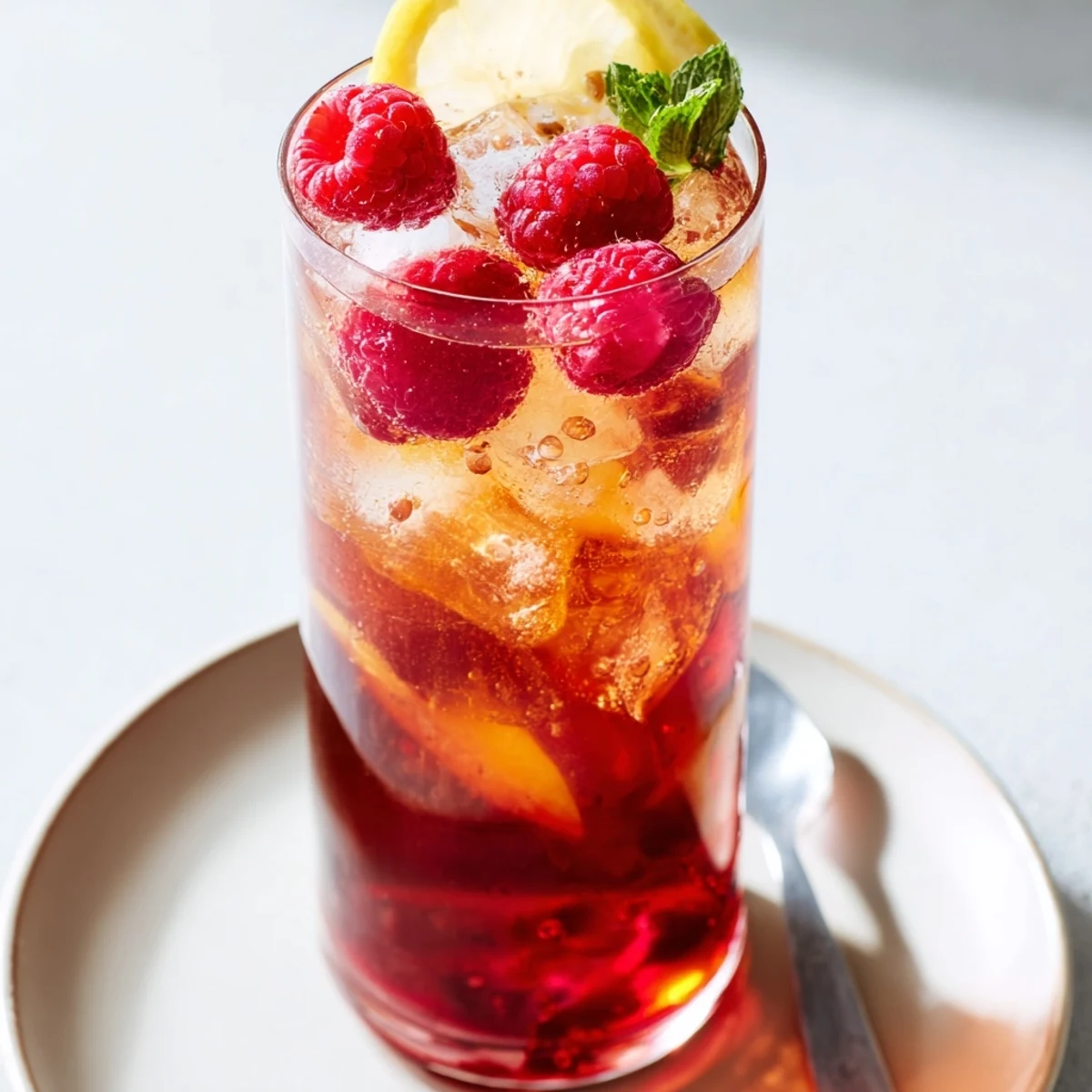 Sun Kissed Raspberry Peach Iced Tea Lemonade in a pitcher, bright and fragrant