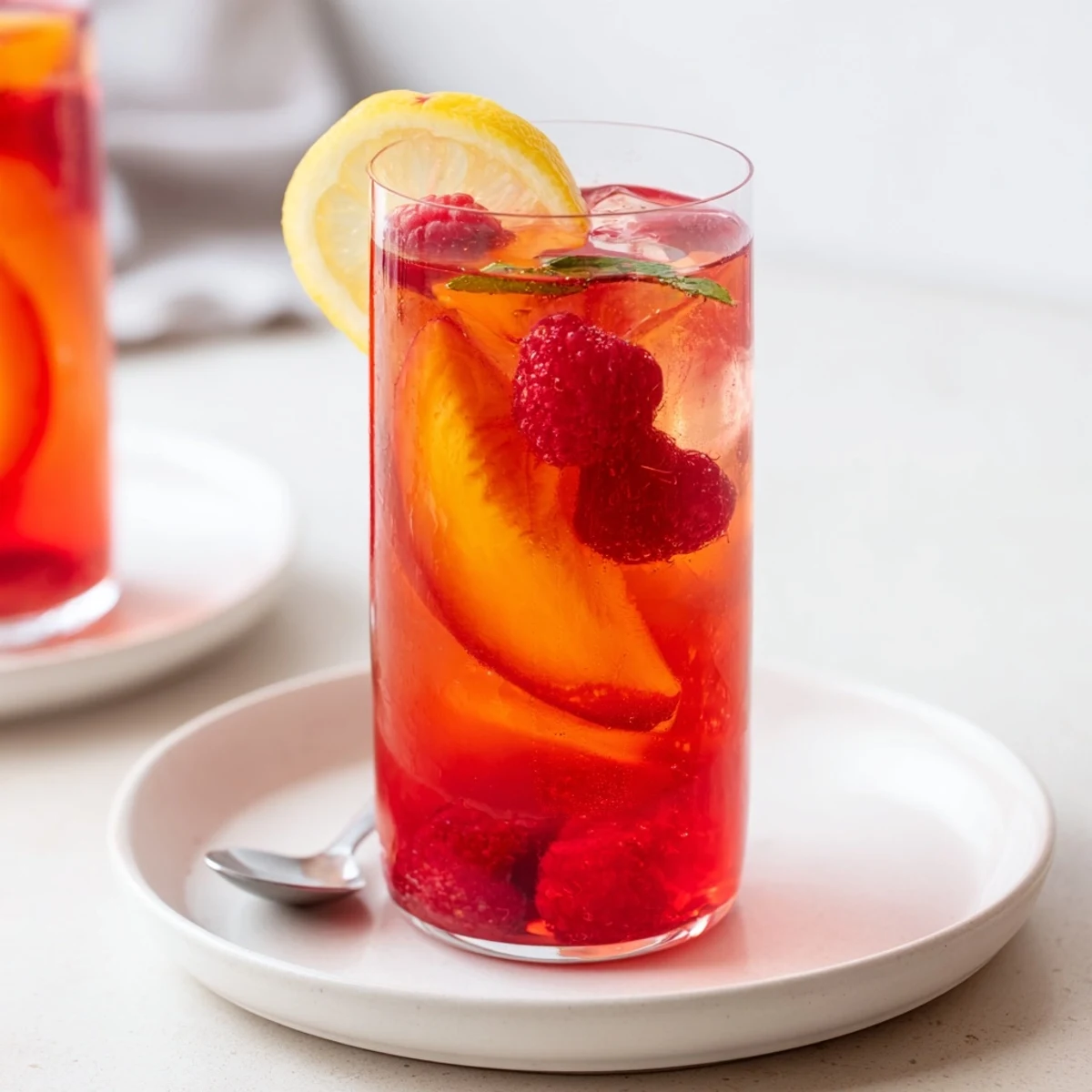 Chilled Sun Kissed Raspberry Peach Iced Tea Lemonade poured over ice with peach slices