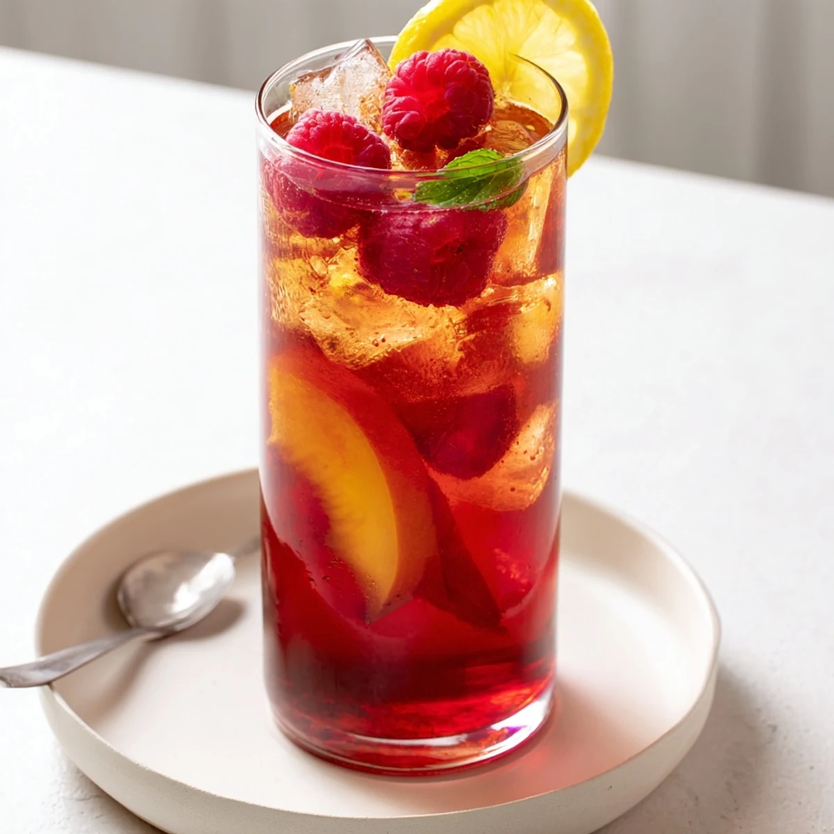 Two glasses of Sun Kissed Raspberry Peach Iced Tea Lemonade, garnished with mint