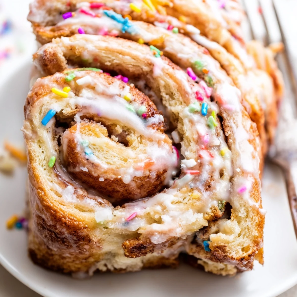 Freshly glazed Funfetti Cinnamon Sprinkle Rolls on serving platter, soft, colorful bites