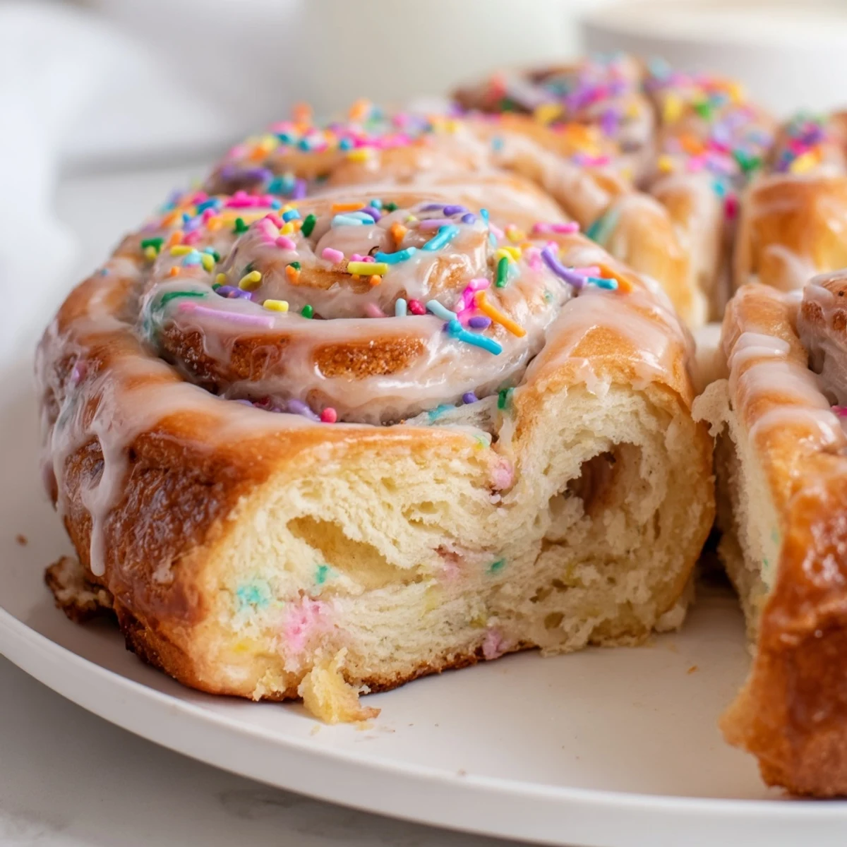 Funfetti Cinnamon Sprinkle Rolls warm from oven, gooey cinnamon swirls and sprinkles