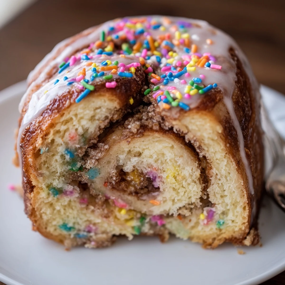 A dozen Funfetti Cinnamon Sprinkle Rolls, dreamy vanilla glaze, ideal for celebrations