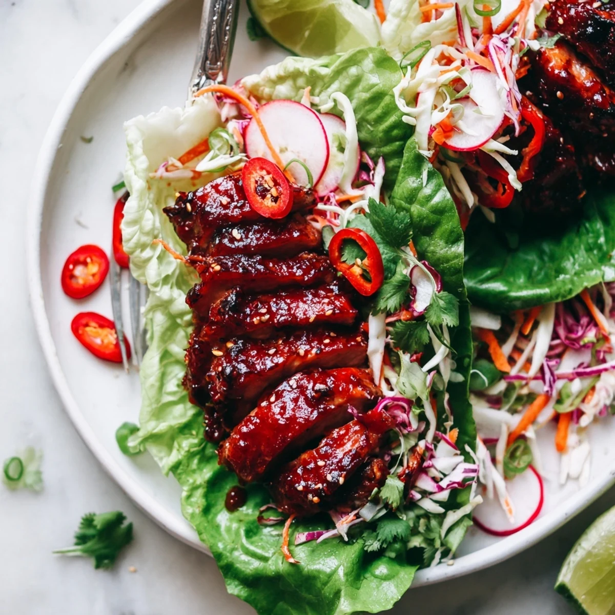 Fiery Korean Chicken Lettuce Wraps With Crunchy Slaw piled with glossy caramelized chicken  
