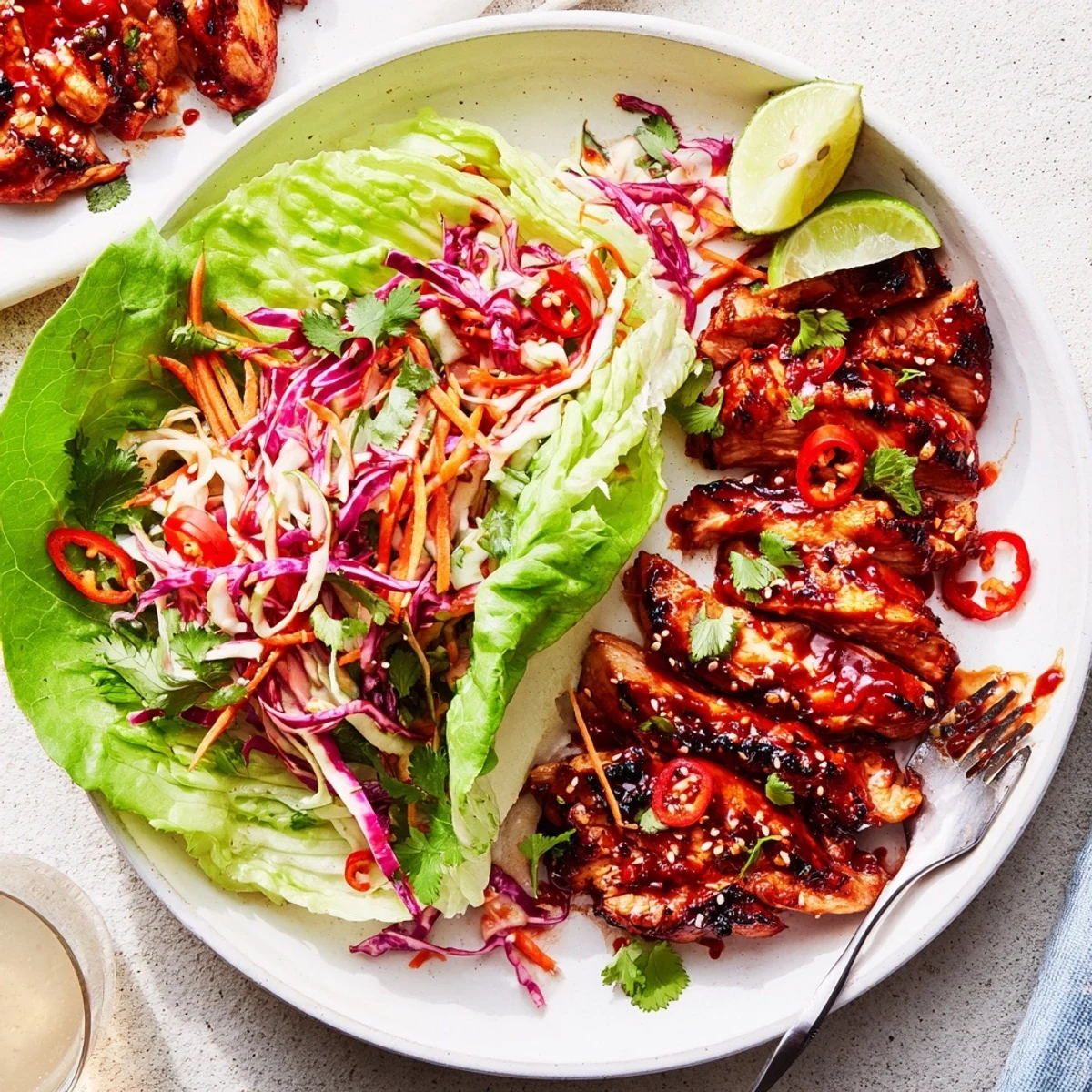 Fiery Korean Chicken Lettuce Wraps With Crunchy Slaw bursting with spicy tang, crisp lettuce