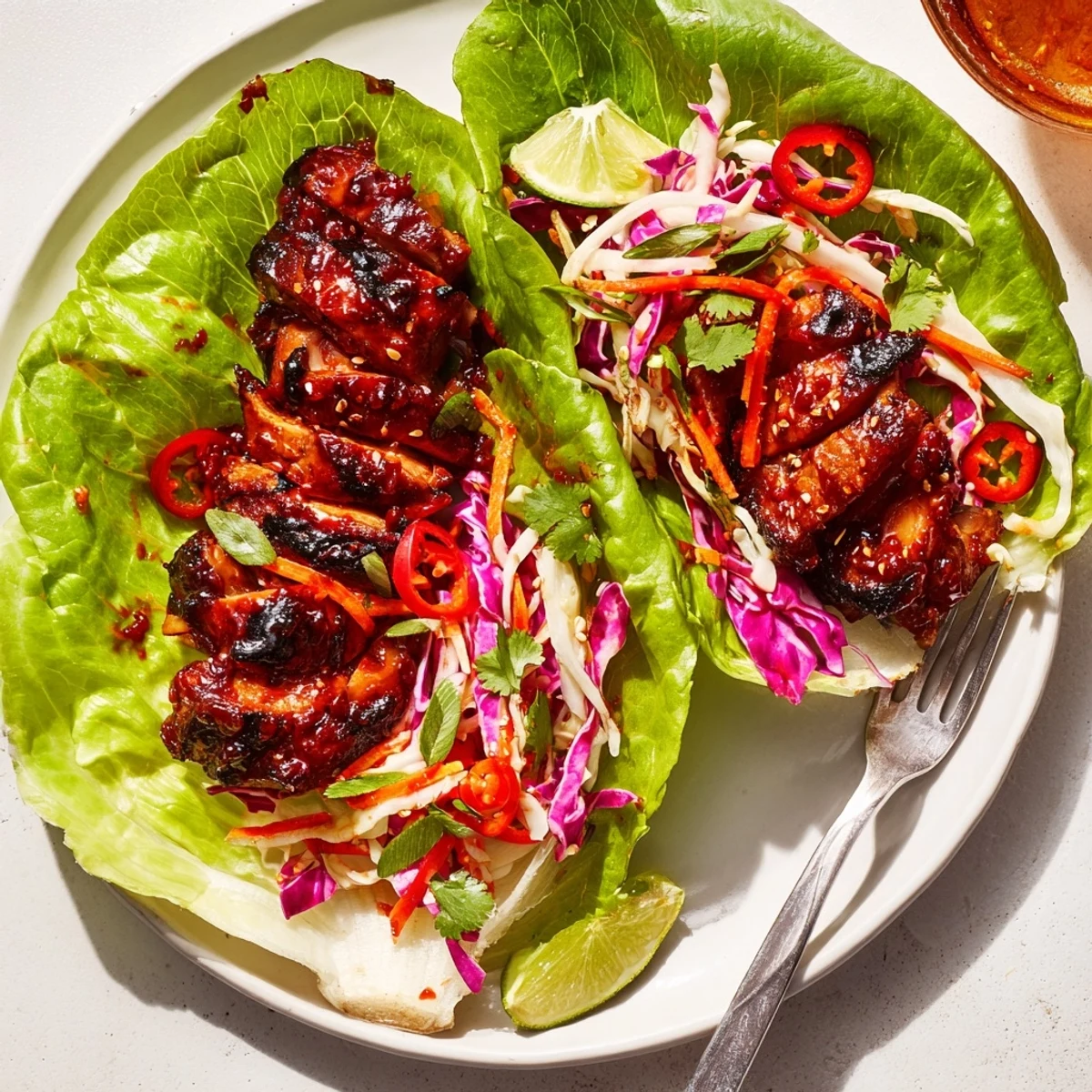 Fiery Korean Chicken Lettuce Wraps With Crunchy Slaw served with lime wedges and sesame  