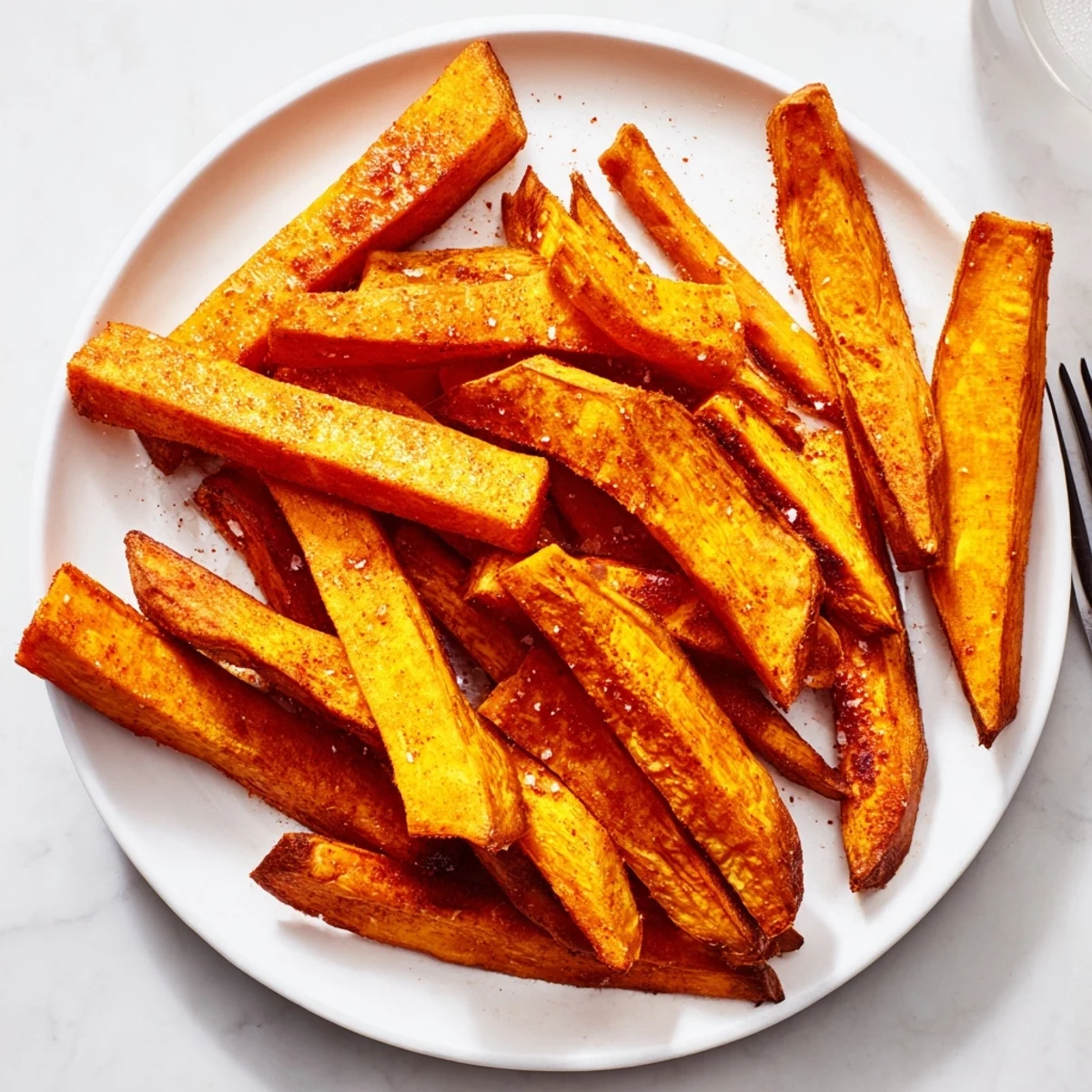 Crispy Oven Sweet Potato Fries piled on parchment, golden and seasoned