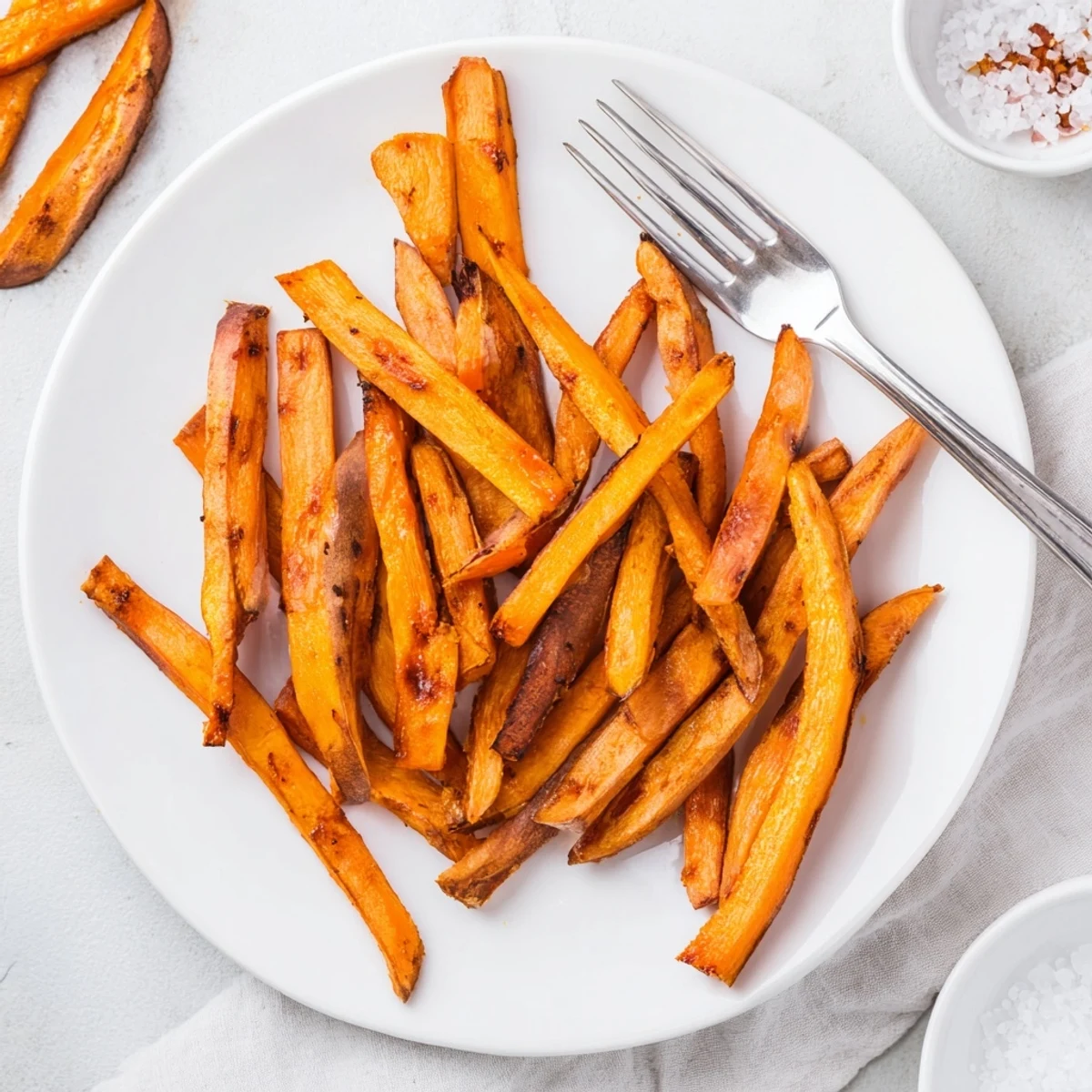 Bowl steaming with golden hand cut Crispy Oven Sweet Potato Fries