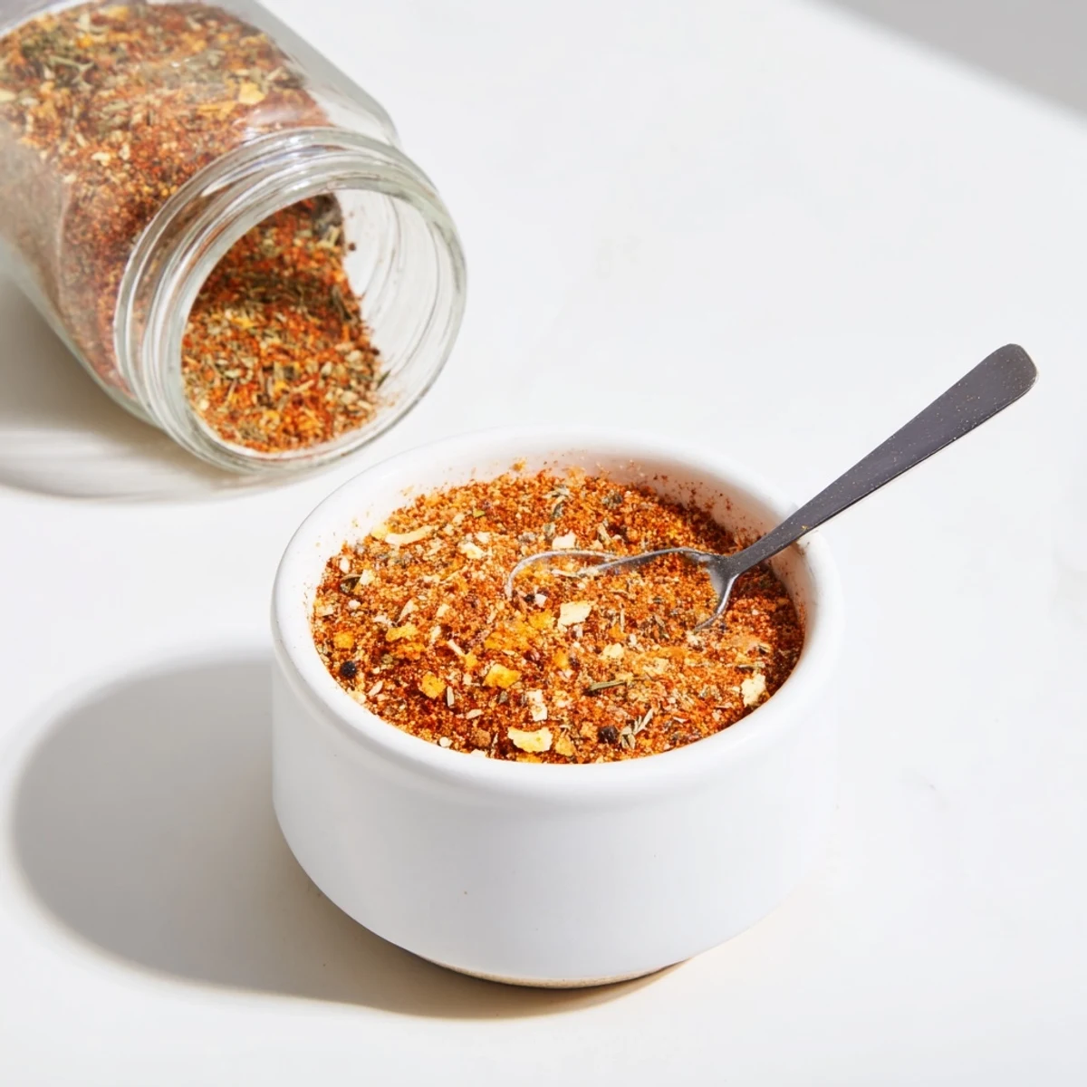 Glass jar of French Fry Seasoning Blend beside golden baked fries, ready