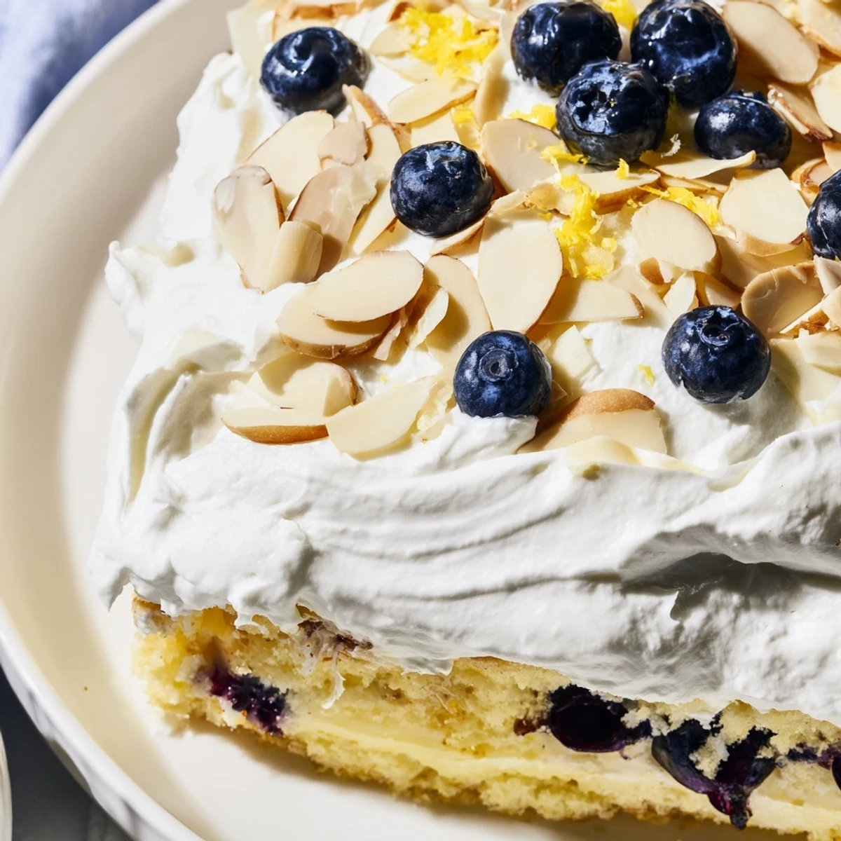 Creamy topped lemon blueberry poke cake displaying blueberry flecks beneath a layer of sliced almonds