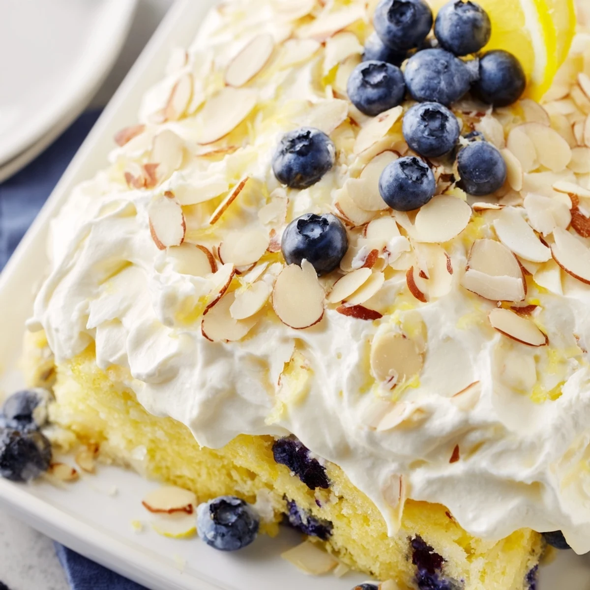 Moist lemon blueberry poke cake drizzled with syrup and garnished with fresh berries and crunchy almonds