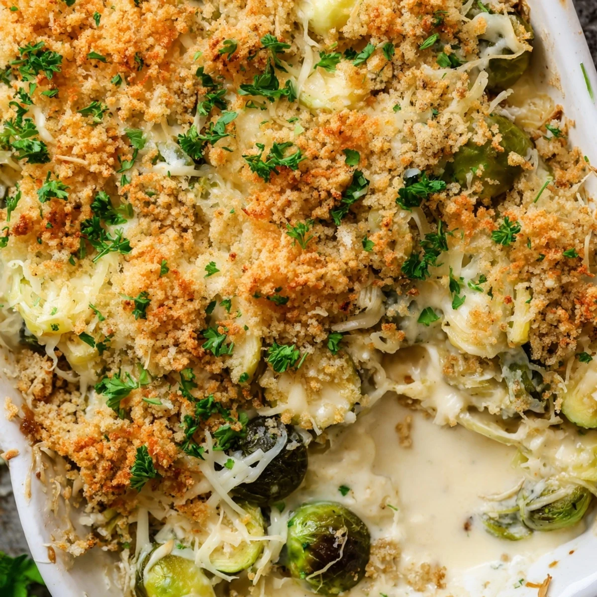 Golden bubbly creamy Parmesan Brussels sprouts casserole topped with crispy panko breadcrumbs and fresh parsley