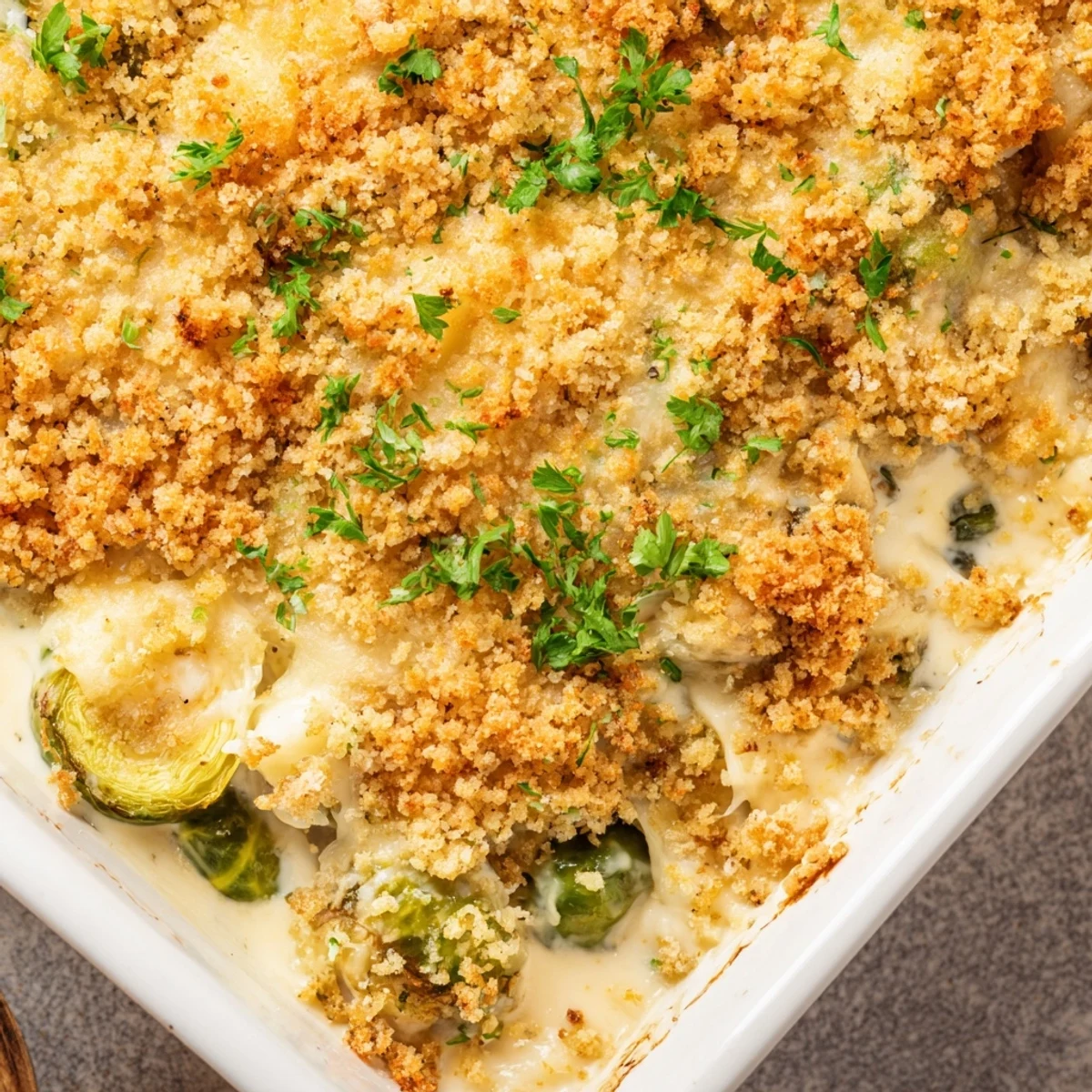 Tender halved Brussels sprouts baked in rich melted mozzarella and Parmesan cheese sauce in a casserole dish