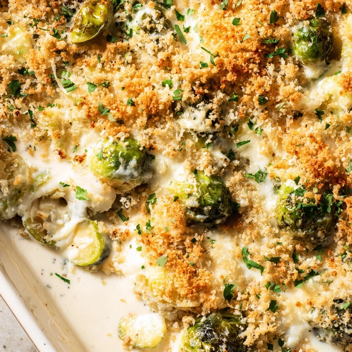 Creamy Parmesan Brussels sprouts casserole fresh from the oven with golden cheesy crust and green vegetable layers