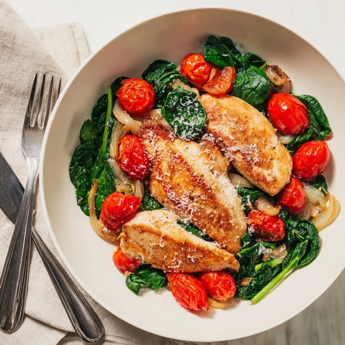 Golden pan-seared chicken breasts nestled in a vibrant sauce of wilted spinach and juicy cherry tomatoes