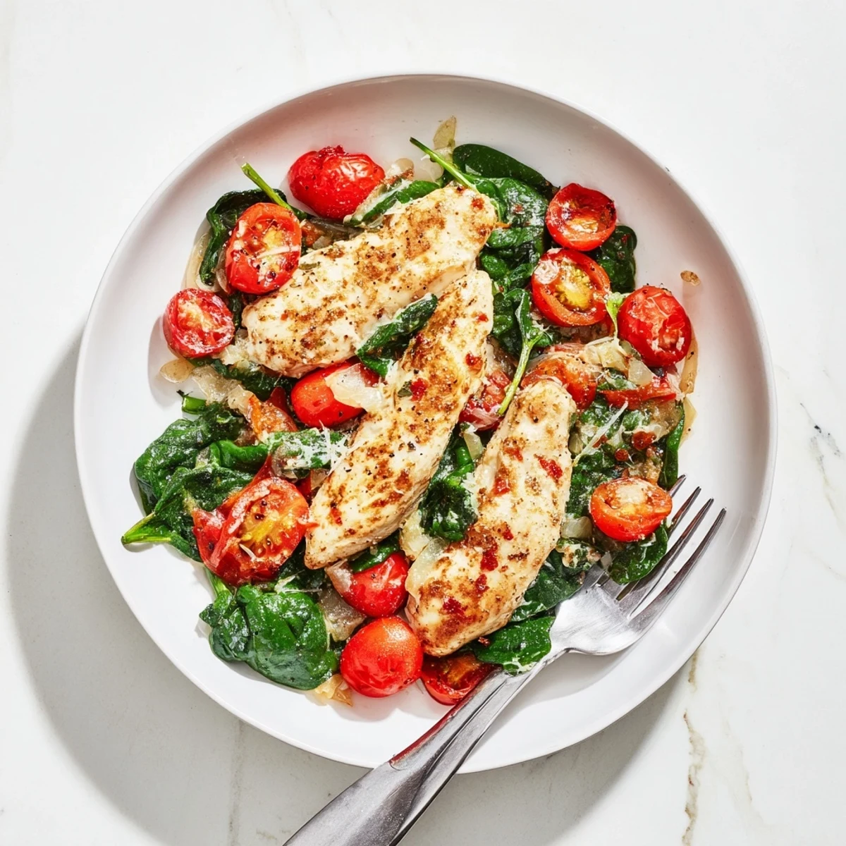 Gluten-free chicken breast entree topped with melted parmesan, roma tomatoes, and sautéed spinach leaves