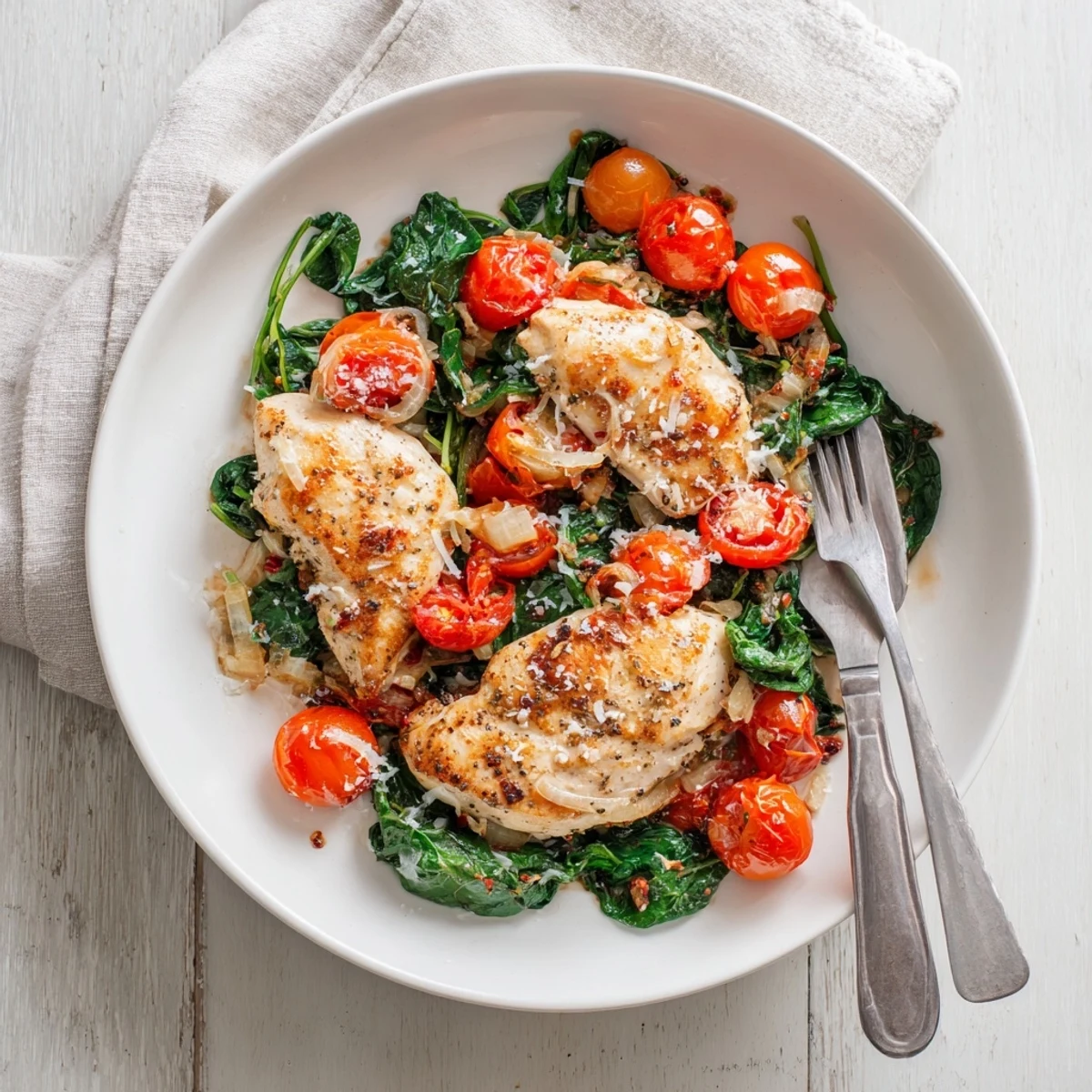 One-pan tomato spinach chicken dish featuring tender meat simmered with fresh vegetables in a savory skillet