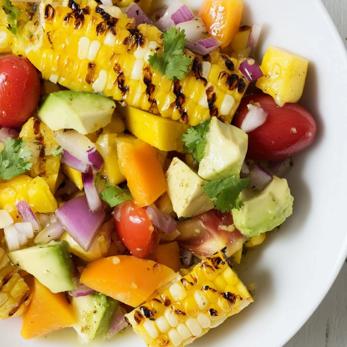 Fresh tropical charred corn and avocado salad with grilled corn kernels and ripe avocado chunks in a white bowl