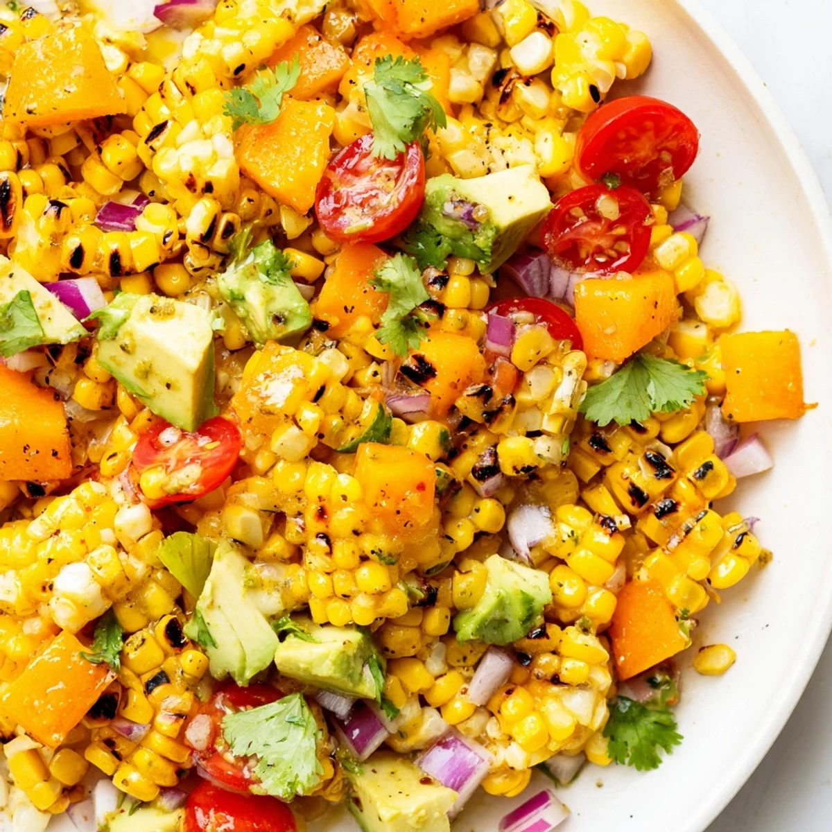 Vibrant summer salad featuring charred corn, diced mango, pineapple, and creamy avocado tossed with zesty lime dressing