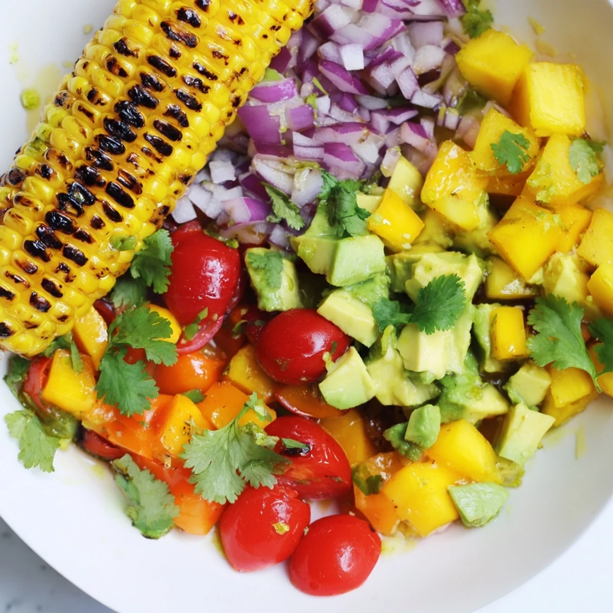 Colorful bowl of tropical charred corn and avocado salad topped with cilantro, cherry tomatoes, and red onion
