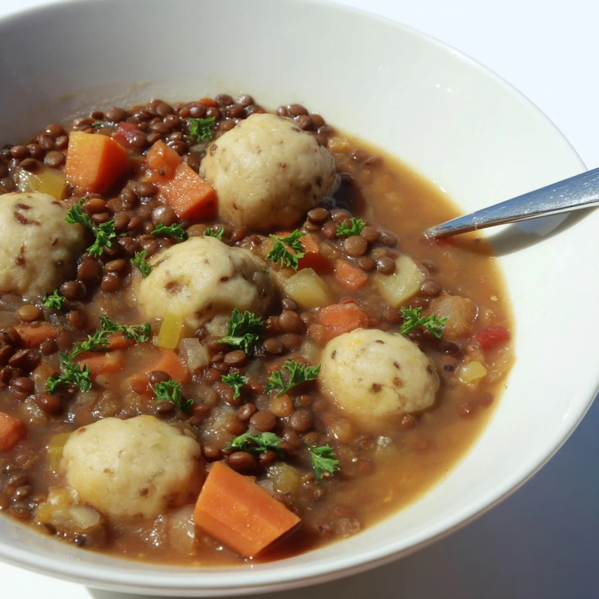 Golden brown dumplings steaming atop a rich lentil stew with carrots and celery