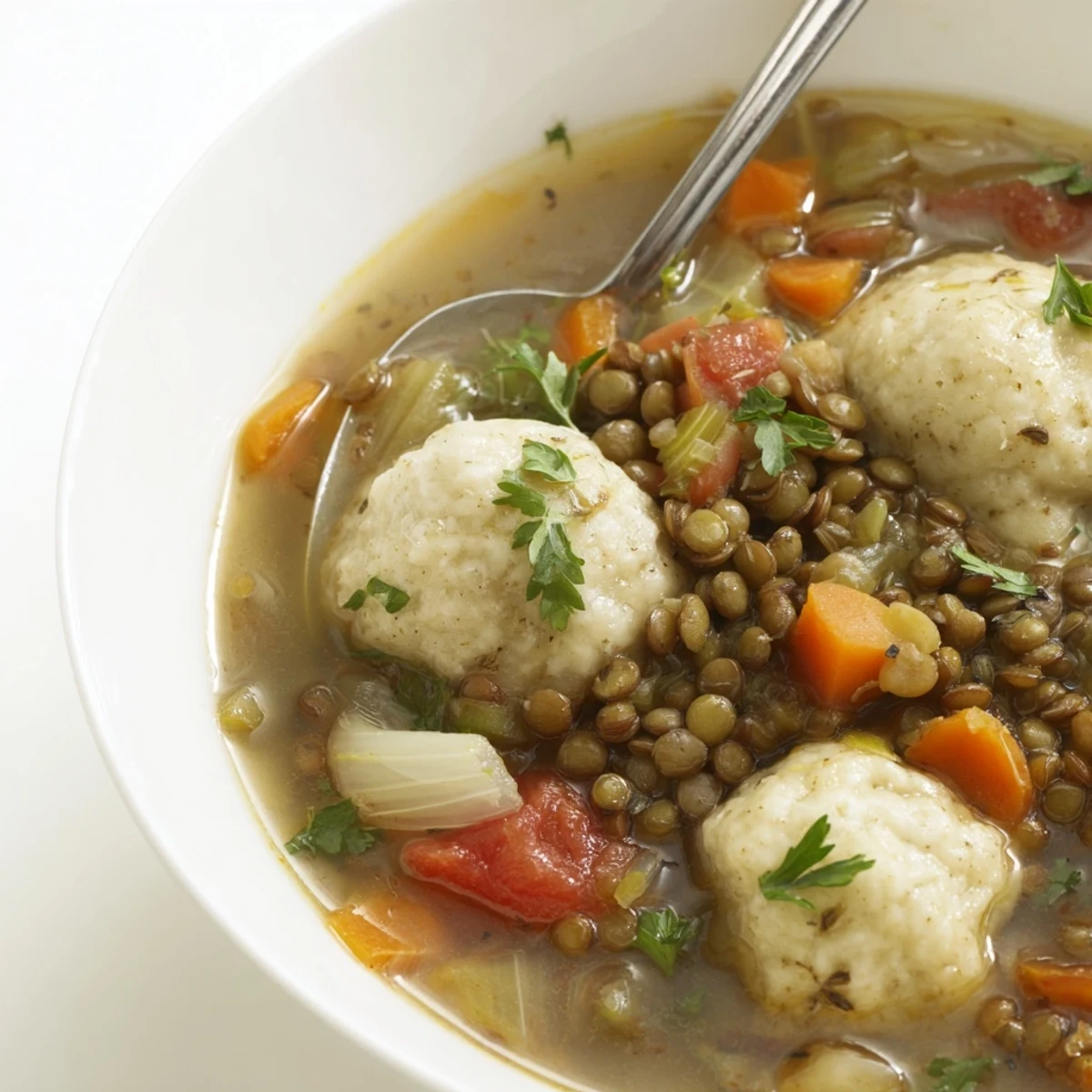 Fluffy homemade dumplings resting on savory lentils in a rustic stew bowl