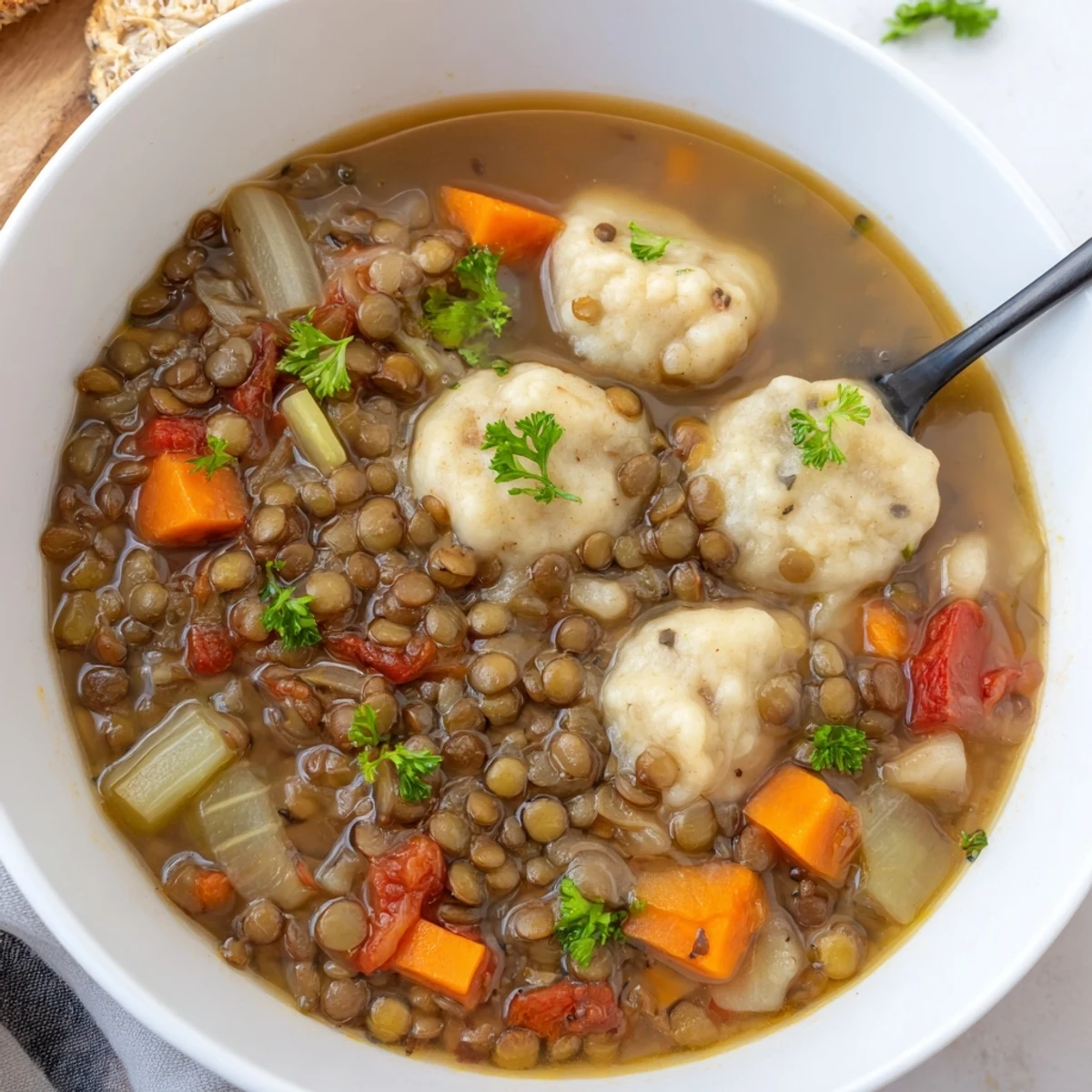 Hearty lentils with dumplings featuring tender vegetables in a thick aromatic broth