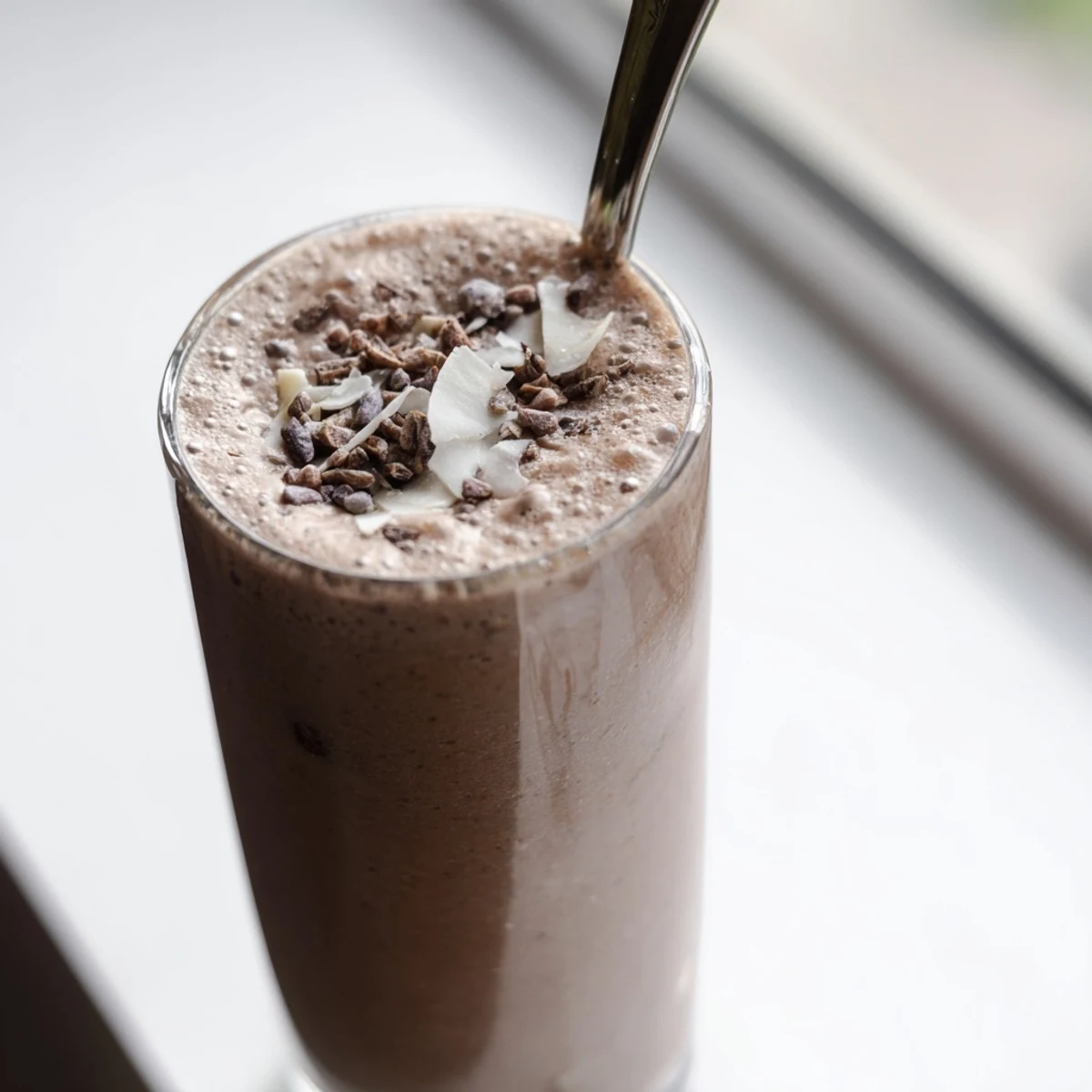 Creamy raw chocolate banana shake poured into a tall glass with frothy brown bubbles on top