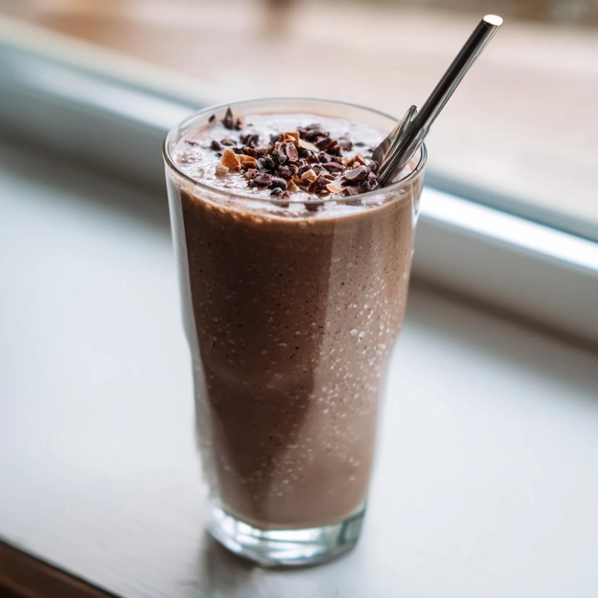 Thick raw chocolate banana shake garnished with cacao nibs and coconut flakes for natural sweetness