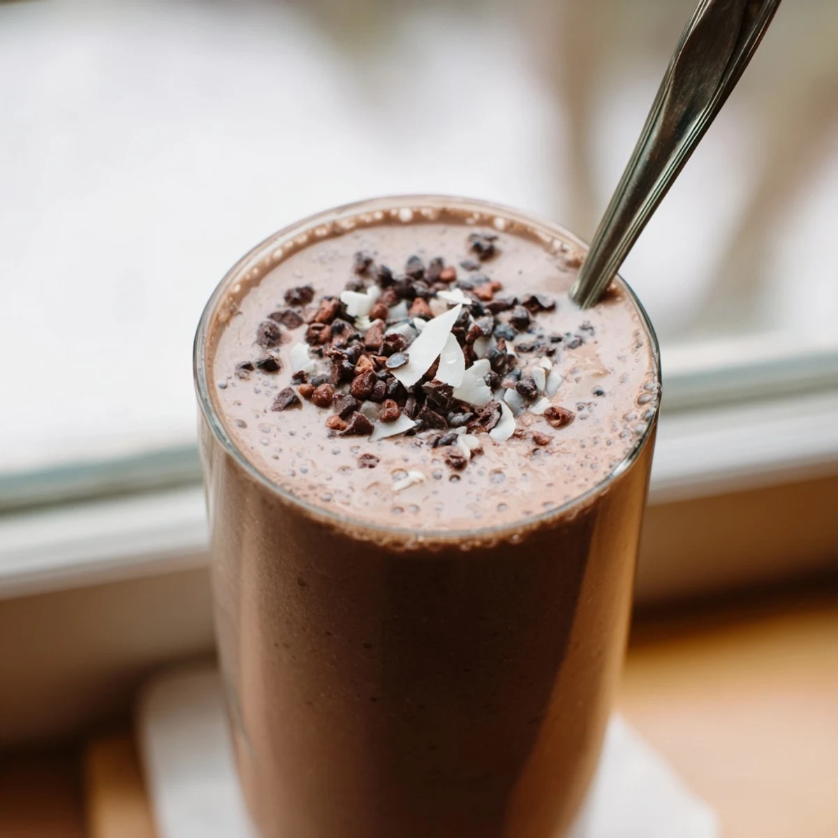 Vegan raw chocolate banana shake blending frozen bananas and raw cacao for a thick energizing breakfast