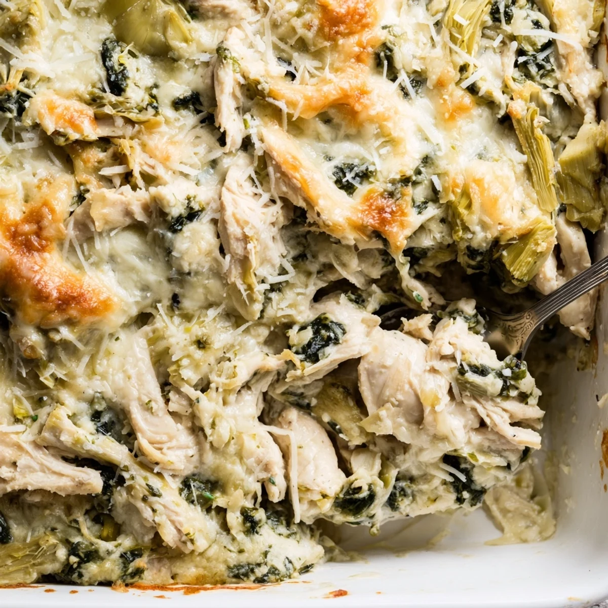 Baked spinach artichoke chicken casserole with tender shredded chicken in a rich creamy sauce