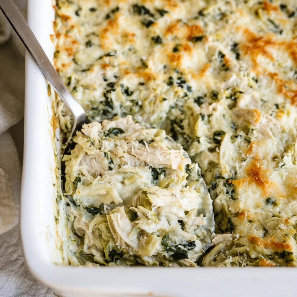 Creamy chicken and artichoke casserole topped with golden cheese featuring fresh spinach throughout
