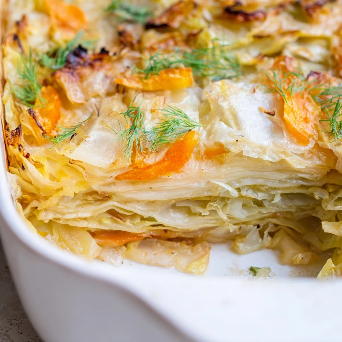 Golden brown slow roasted cabbage and sauerkraut casserole topped with fresh green dill garnish
