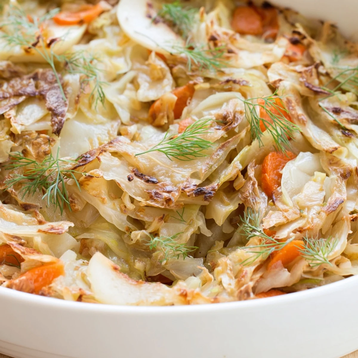 Comforting vegetarian slow roasted cabbage and sauerkraut casserole served piping hot from the oven