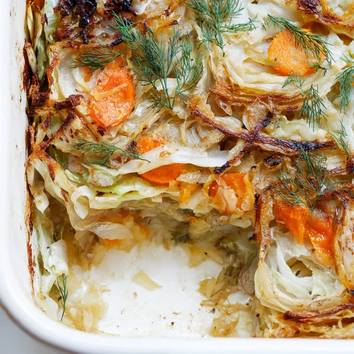 Hearty German-style casserole featuring tender layered cabbage and tangy sauerkraut bubbling in a baking dish