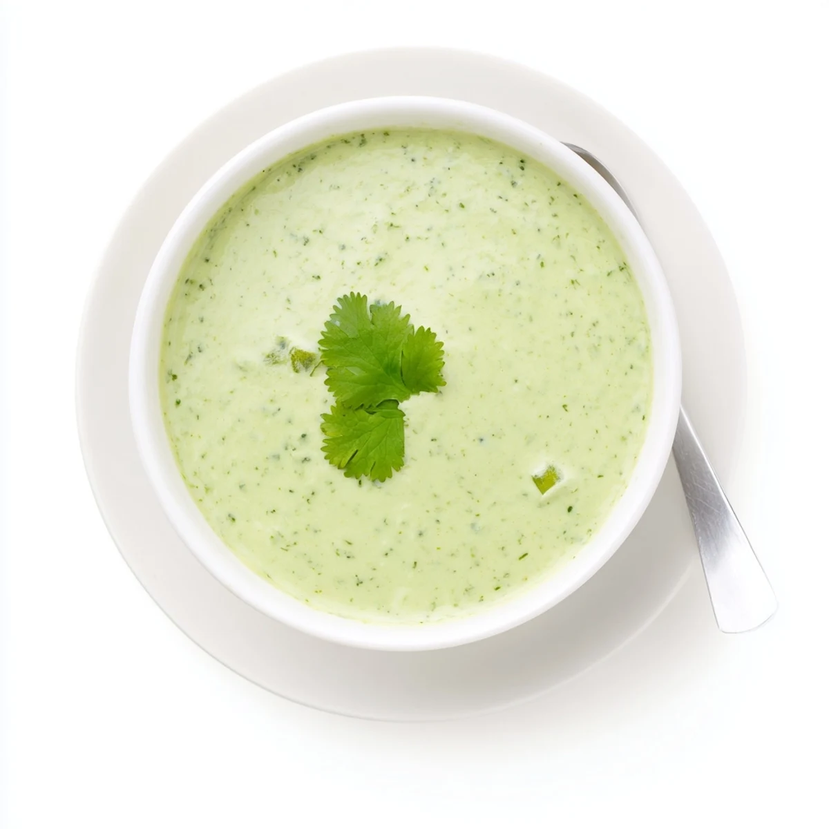 Vibrant green cilantro lime sauce in small dipping bowl surrounded by lime wedges