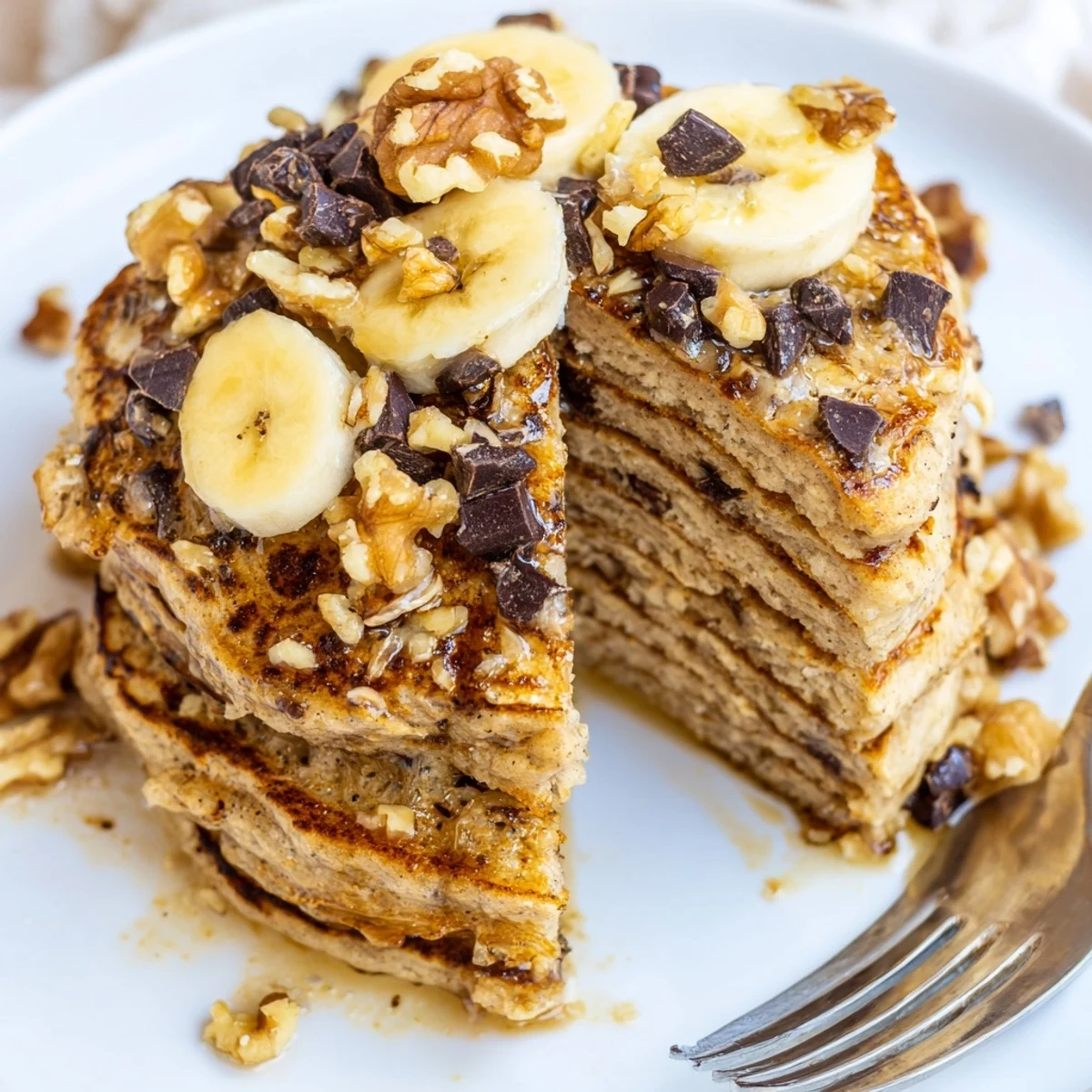 Golden stack of fluffy protein banana pancakes topped with fresh banana slices and maple syrup on a white plate