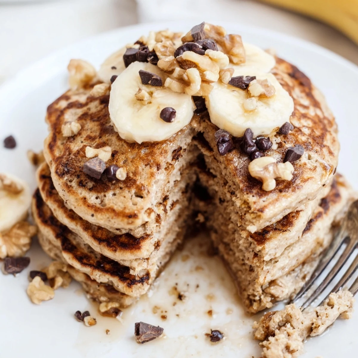 Close-up shot of thick protein banana pancakes stacked high with a dusting of cinnamon and walnuts sprinkled on top