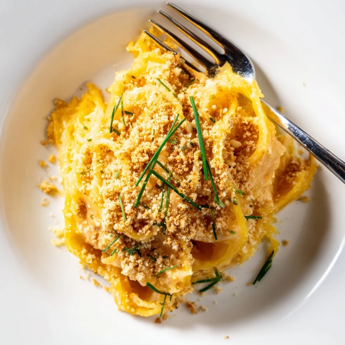 Golden cheesy spaghetti squash mac and cheese in a white bowl topped with fresh green chives