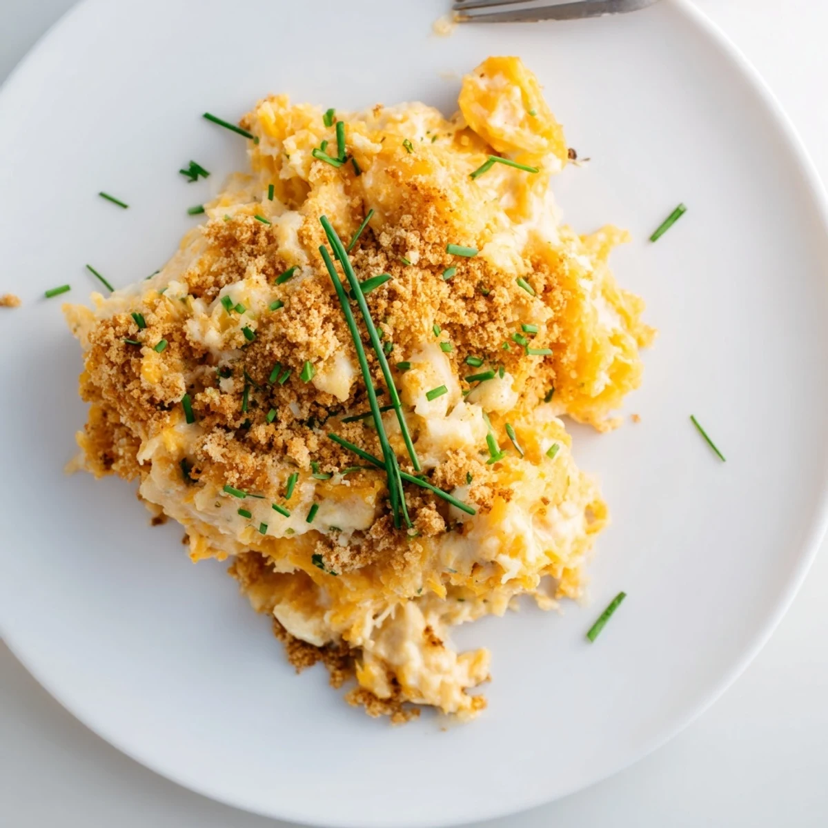 Baked spaghetti squash mac and cheese bubbling in a dish with melted golden cheese layer