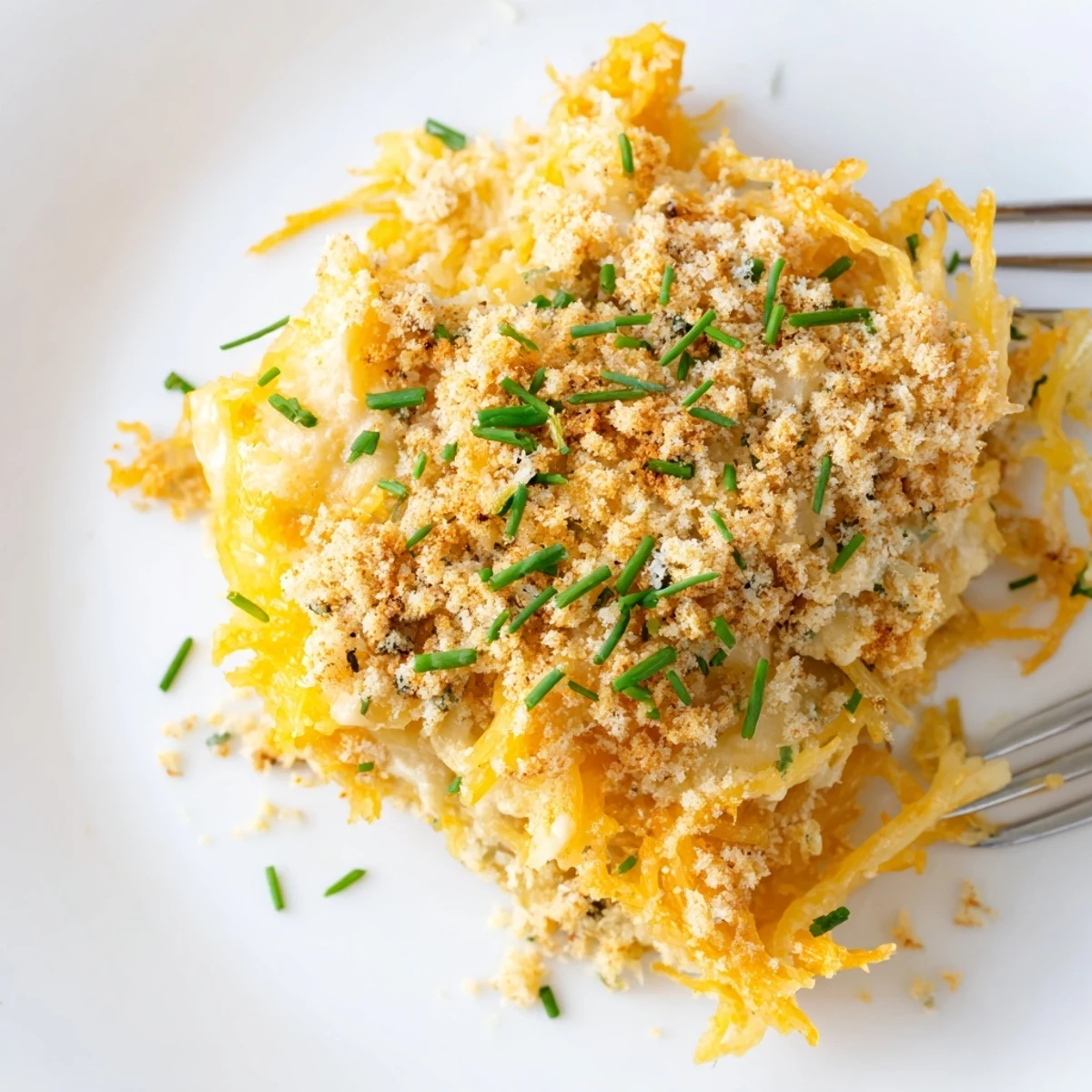Creamy roasted spaghetti squash strands coated in rich cheddar gruyere sauce with breadcrumb topping