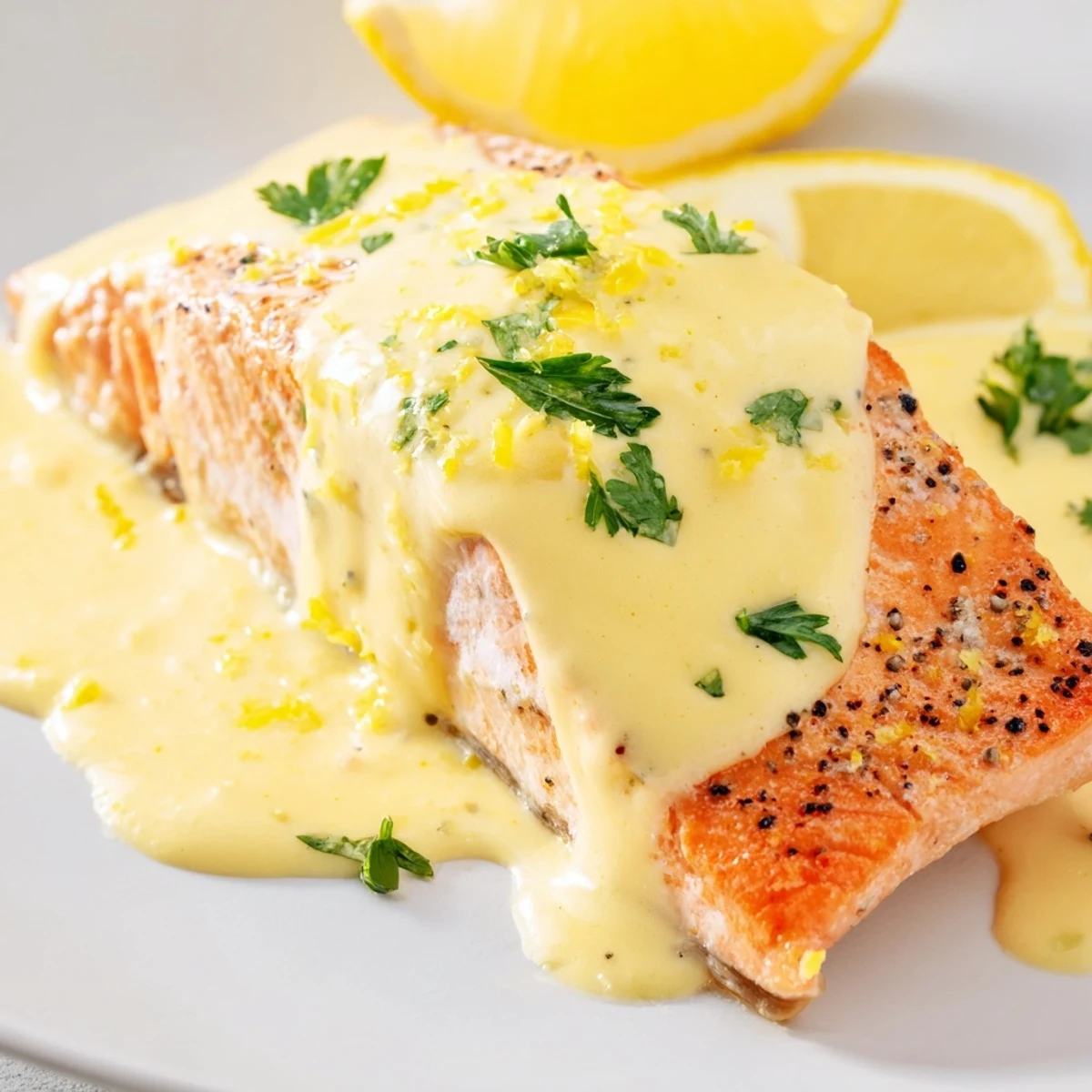 Golden pan-seared salmon fillet draped in creamy lemon garlic sauce with fresh parsley