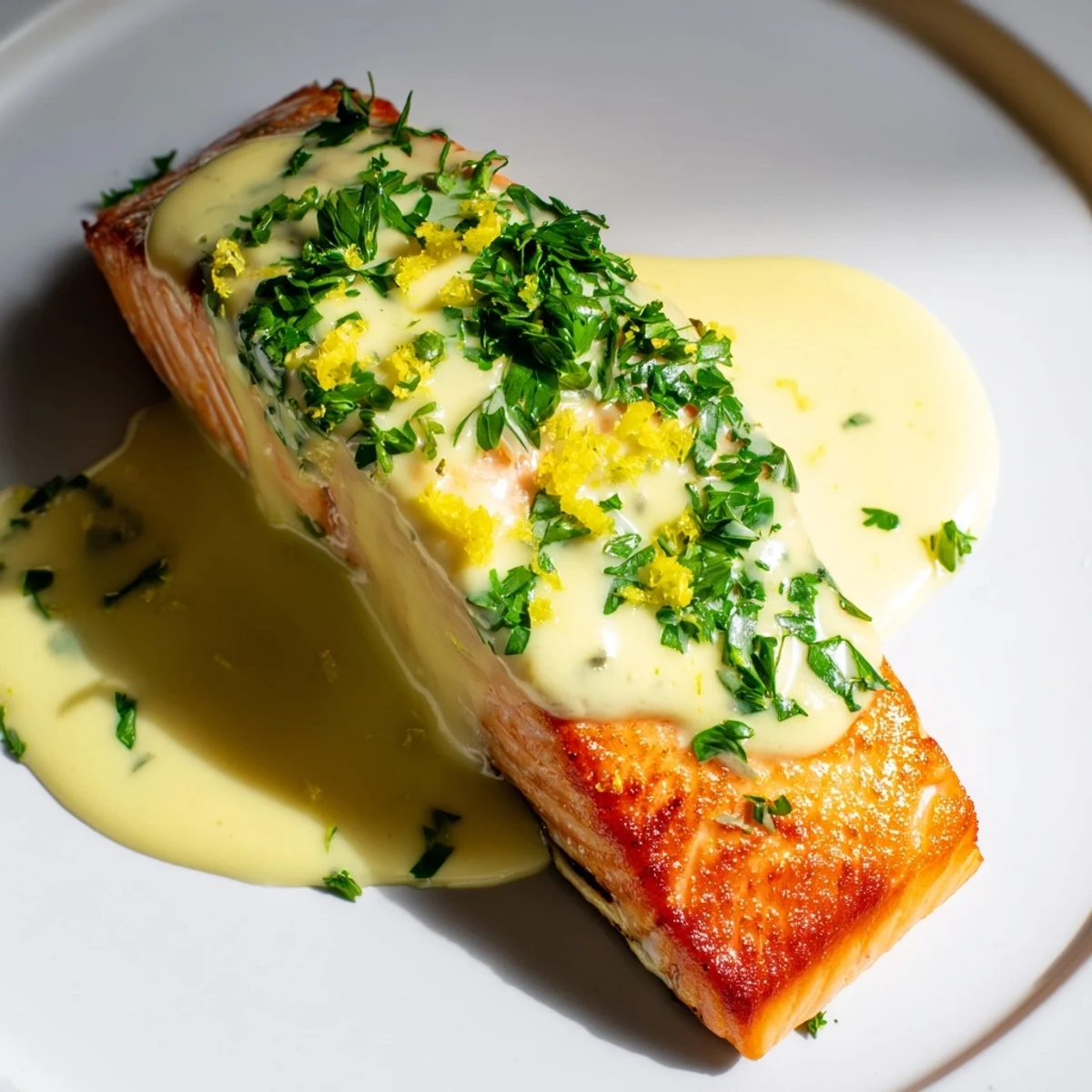 Flaky salmon with lemon cream sauce plated on white dish with vibrant green garnish
