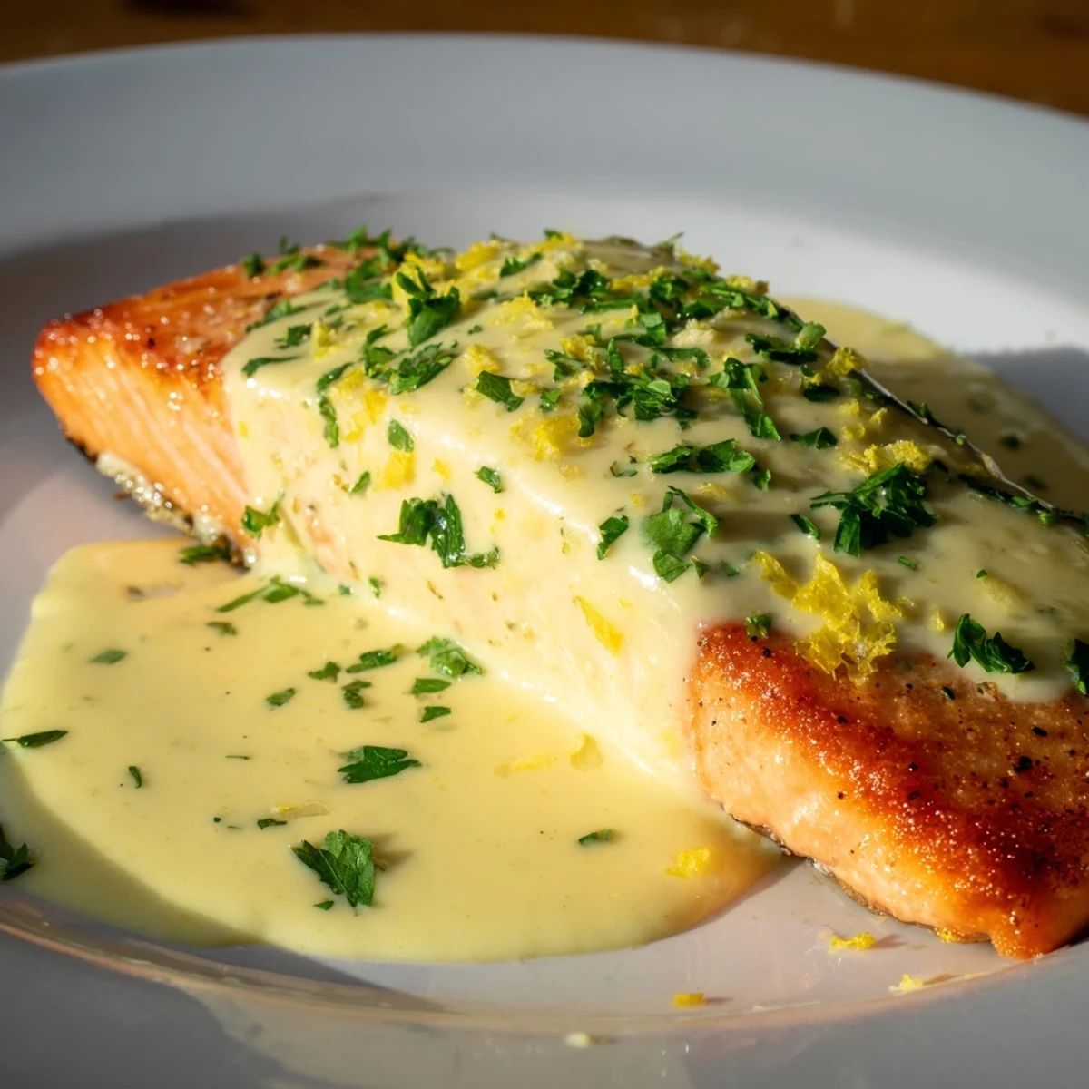 Succulent salmon fillets simmered in rich lemon cream sauce with diced parsley sprinkled on top
