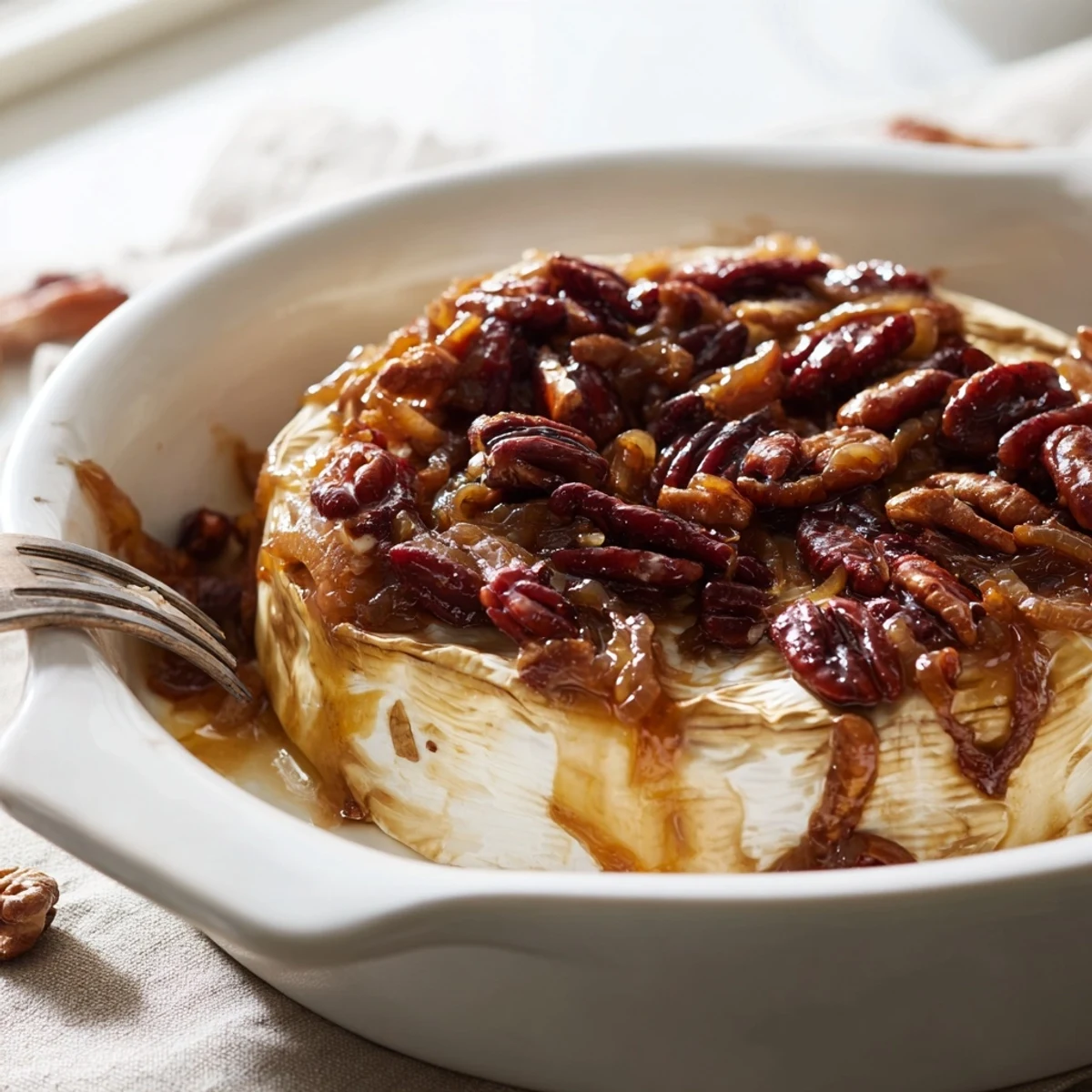 Golden wheel of baked brie with caramelized onions and toasted pecans, oozing creamy cheese